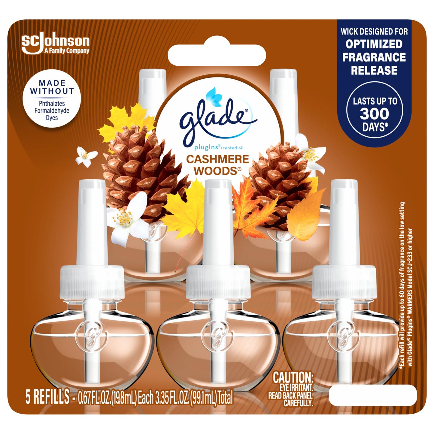 Glade PlugIns Refills Air Freshener, Scented and Essential Oils for Home and Bathroom, Cashmere Woods, 3.35 Fl Oz, 5 Count