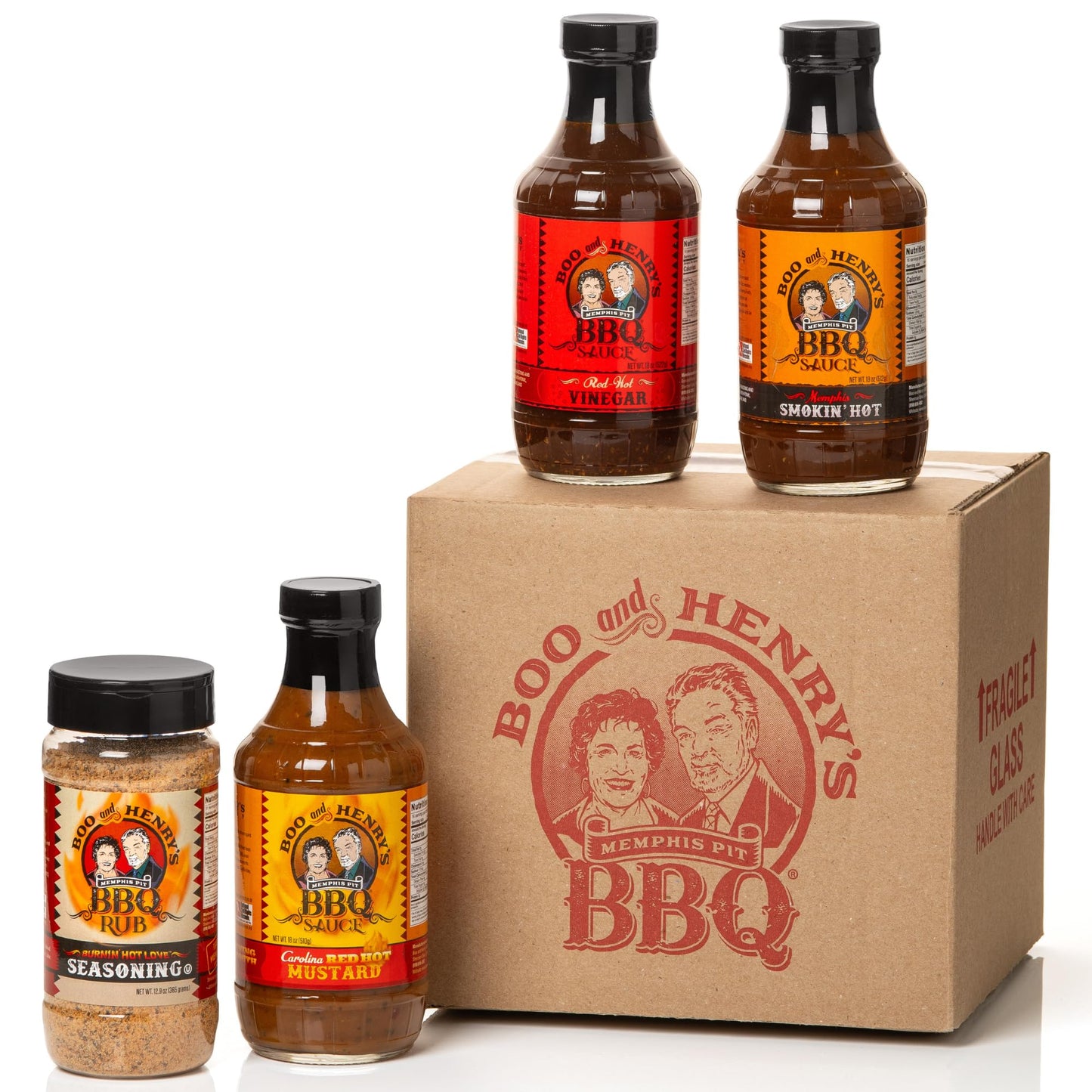 Boo and Henry's BBQ-HOT Variety 4-Pack for Barbecue, Burnin'Hot Love Seasoning Plus Smokin'Hot, Red Hot Vinegar, and Carolina Red Hot Mustard Sauces