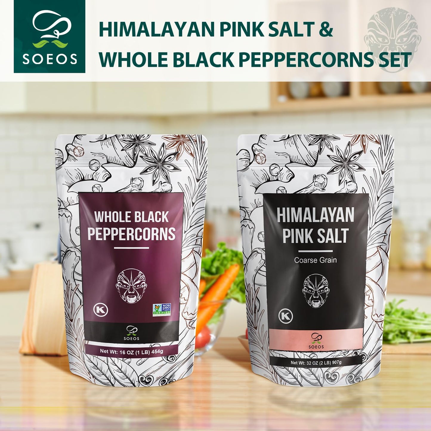 Soeos Whole Black Peppercorns 12oz + Himalayan Pink Salt 2lb, Salt and Pepper for Grinders, Black Peppercorn Refil, Pink Himalayan Sea Salt, 2 Piece