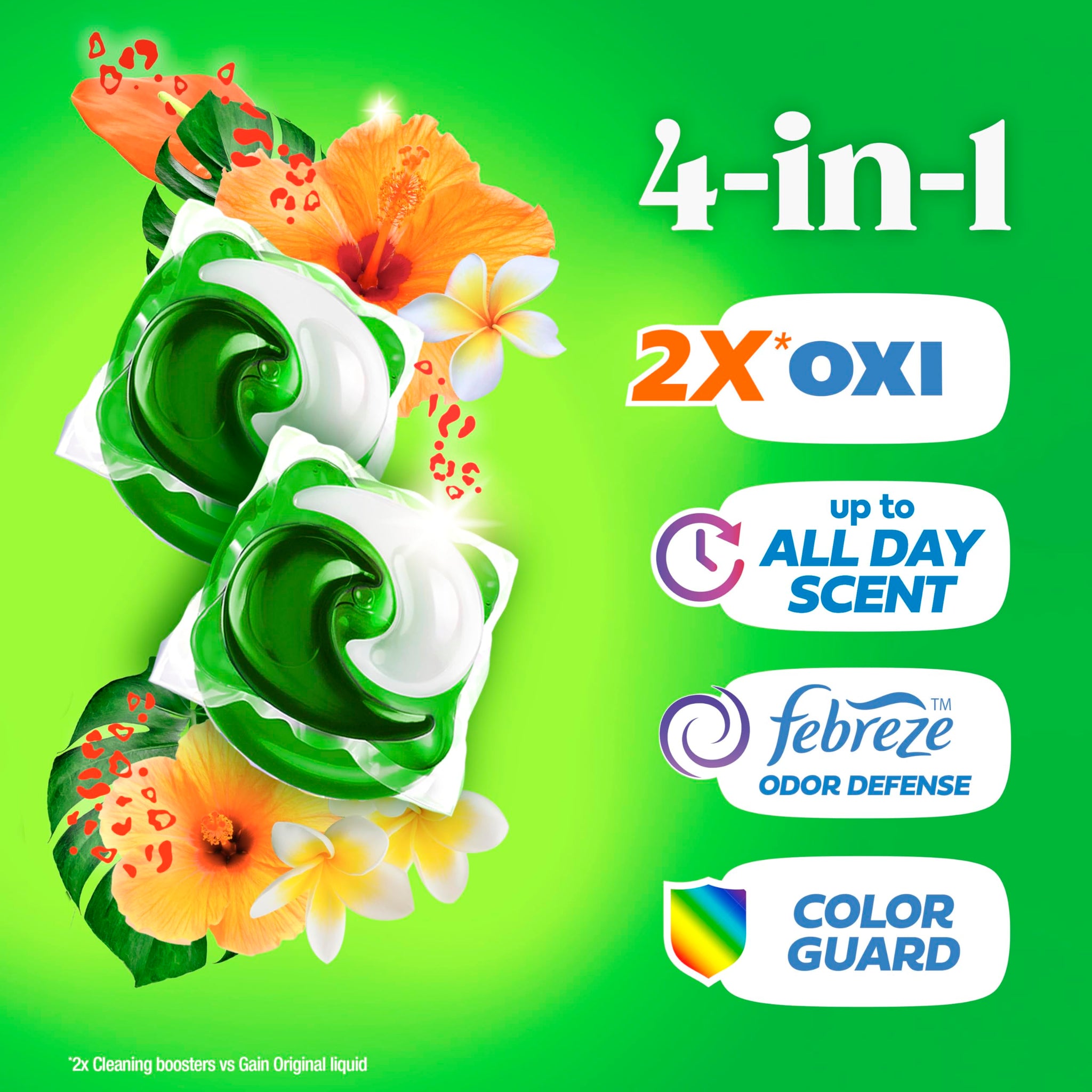Gain Flings Liquid Washing Detergent Pacs with Odor Defense + Color Guard, Island Fresh Scent, 4-In-1 Liquid Laundry Detergent Pods, Clean & Fresh, 60