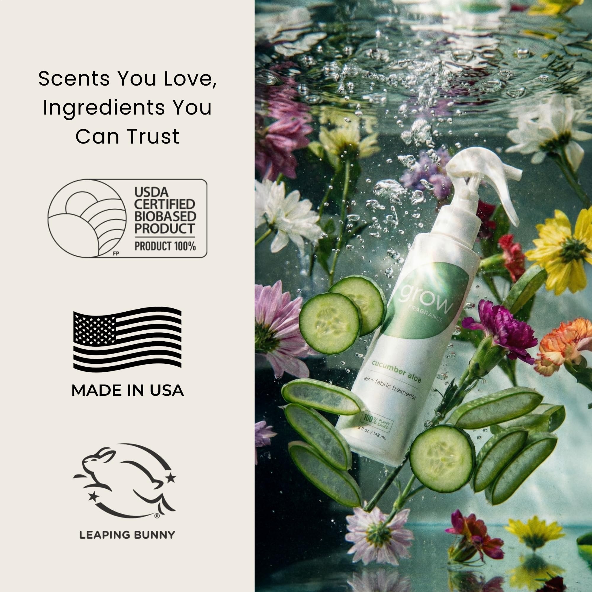 Grow Fragrance Certified Non Toxic, 100% Plant Based Fabric and Room Air Freshener Spray. Made with All Natural Essential Oils (Cucumber Aloe 2 Pack)