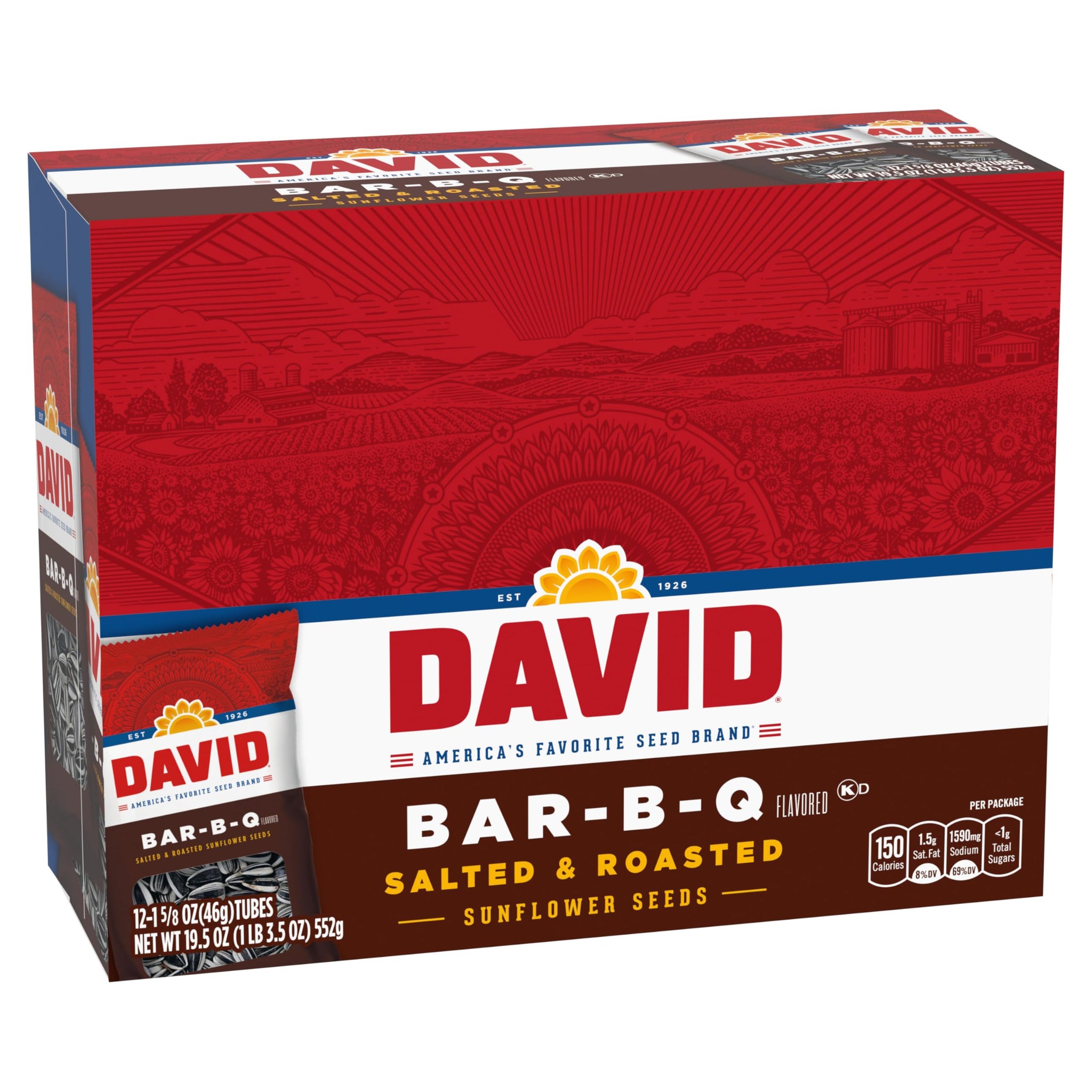 David BBQ Sunflower Seeds, 1.625 oz Bags (Pack of 72)