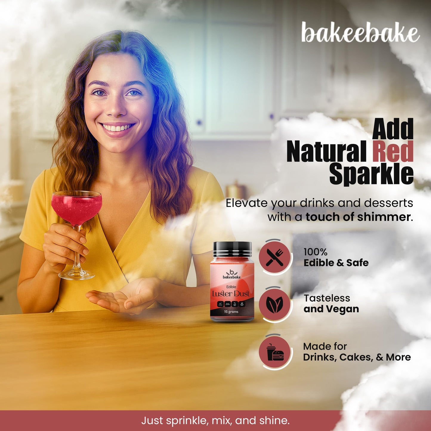 Bakeebake Luster Dust Edible 15g - Edible Glitter for Drinks & Desserts - Gluten Free Edible Red Dust for Cake Decorating - Tasteless Vegan Drink