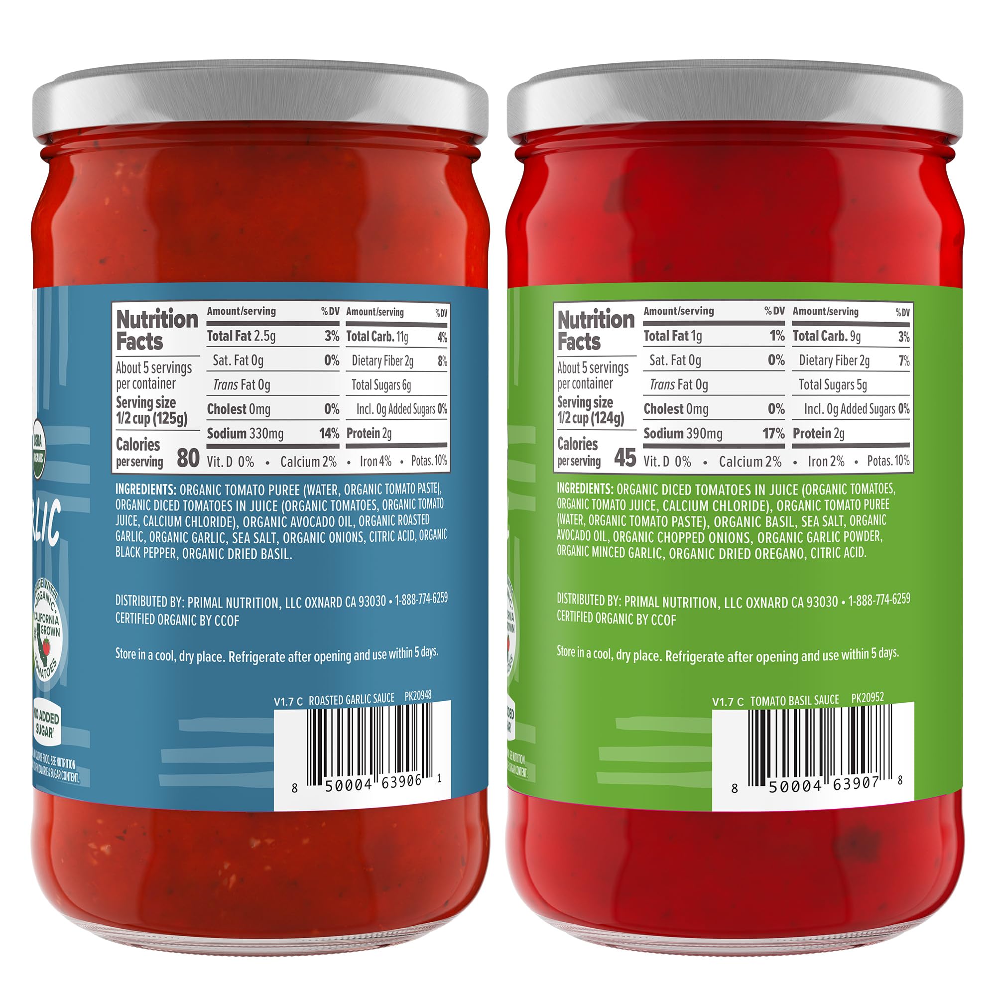Primal Kitchen Tomato Pasta Sauce 2-Pack, No Added Sugar, Includes 1 Tomato Basil and 1 Roasted Garlic Marinara Sauce