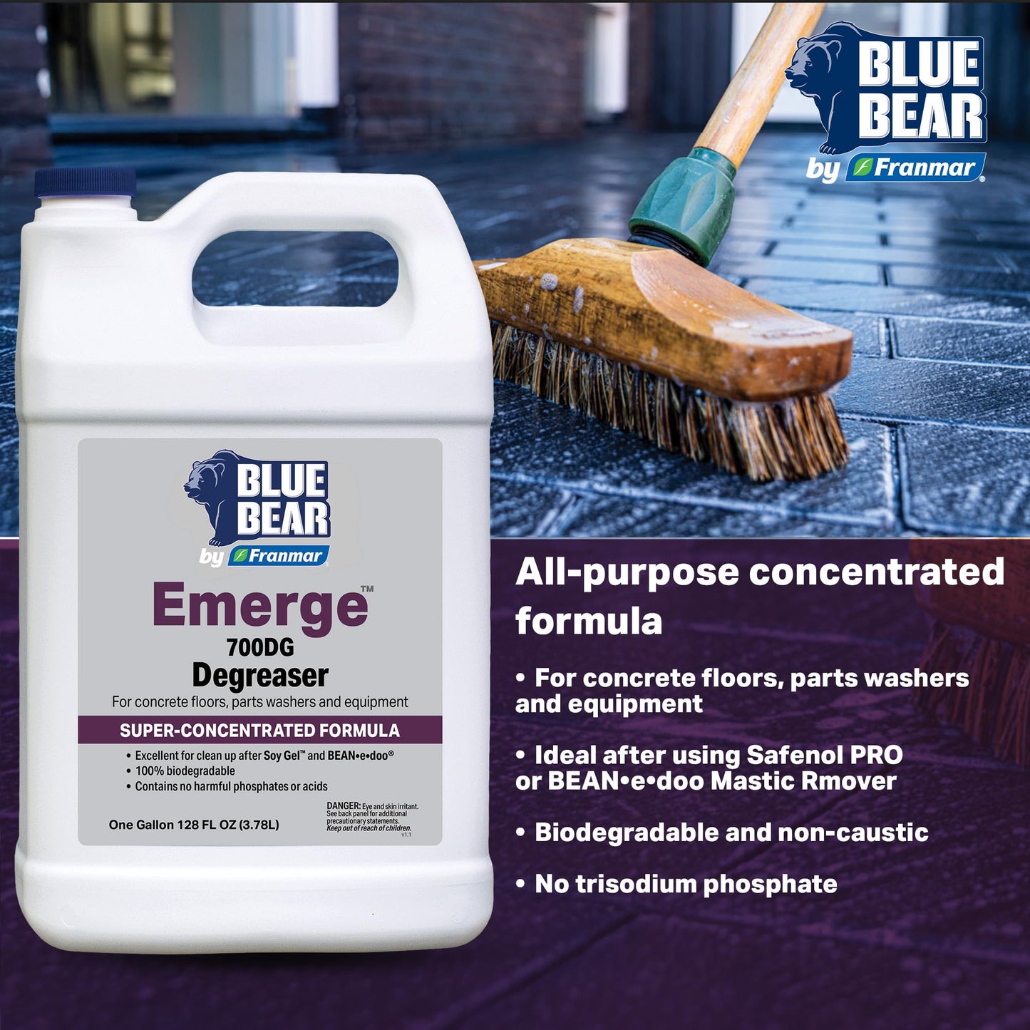 BLUE BEAR 700DG Emerge Degreaser Low-Odor, Biodegradable Cleaner Removes Oil, Grease, Dirt & Grime from Concrete, Tile, Wood, Stone & Tools Safe