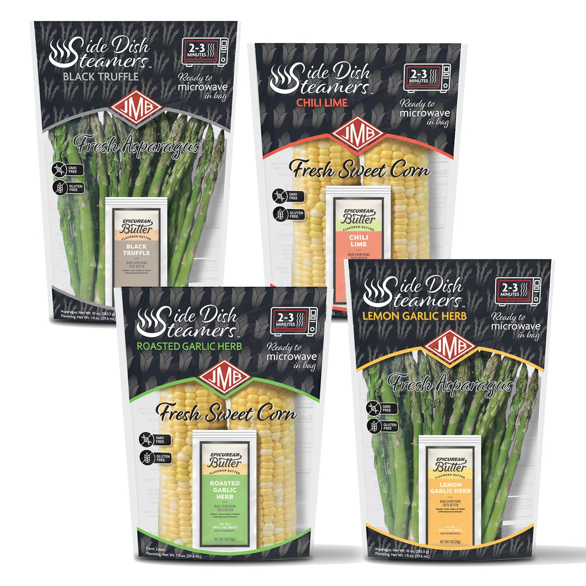 JMB Produce Side Dish Steamers - Asparagus Lemon Garlic - Asparagus Black Truffle - Corn Roasted Garlic Herb - Corn Chili Lime - Meals Ready to Eat