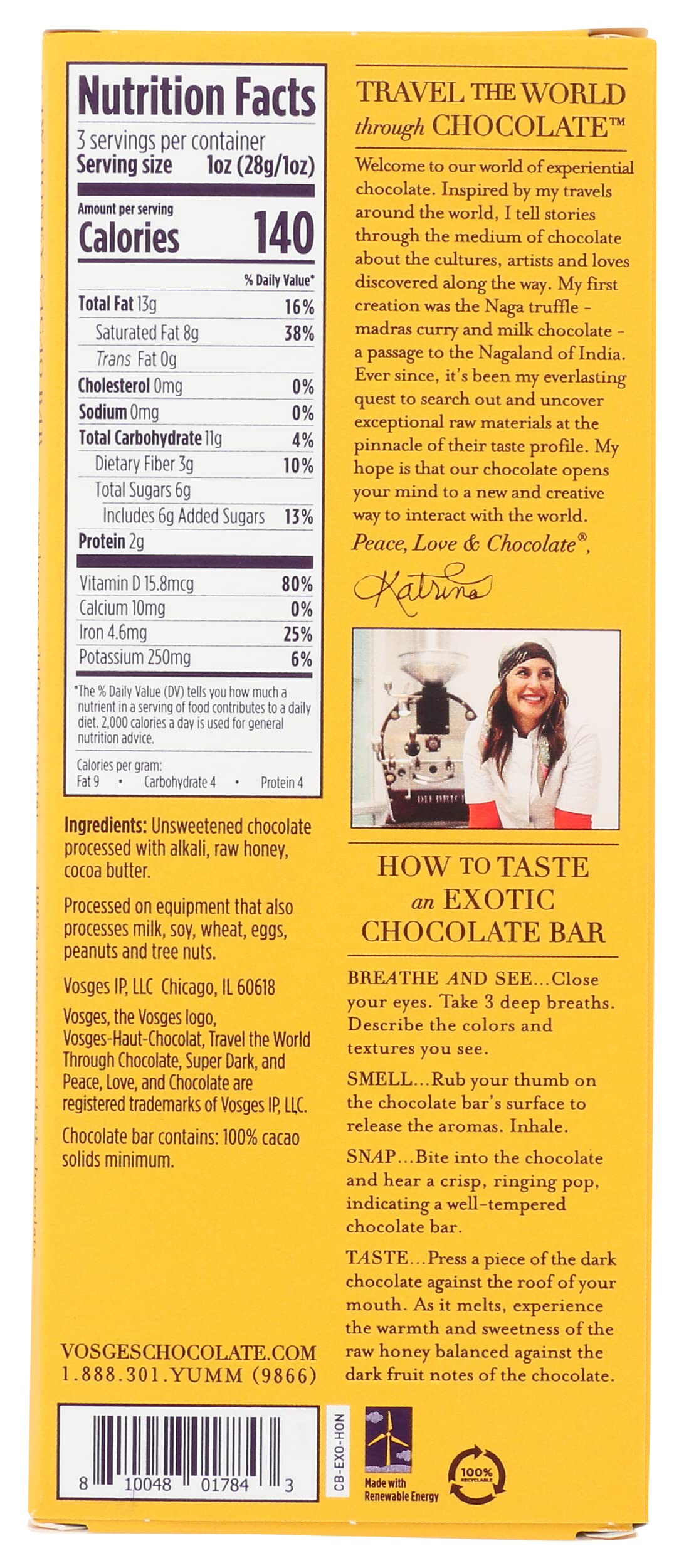 Vosges Haut Chocolat Honey Cacao Chocolate Bar, 3 OZ