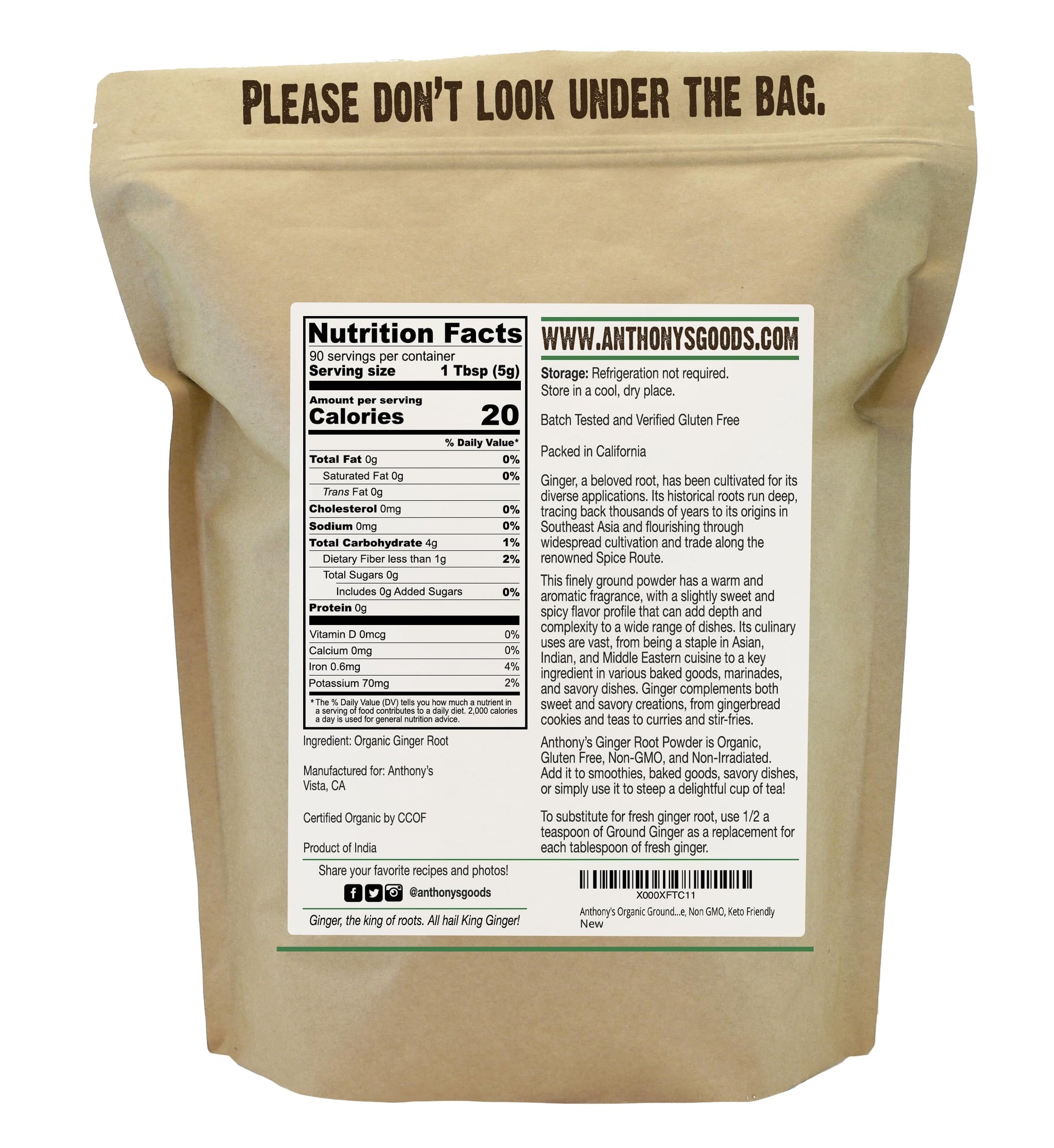 Anthony's Organic Ground Ginger Root, 1 lb, Gluten Free, Non GMO, Keto Friendly