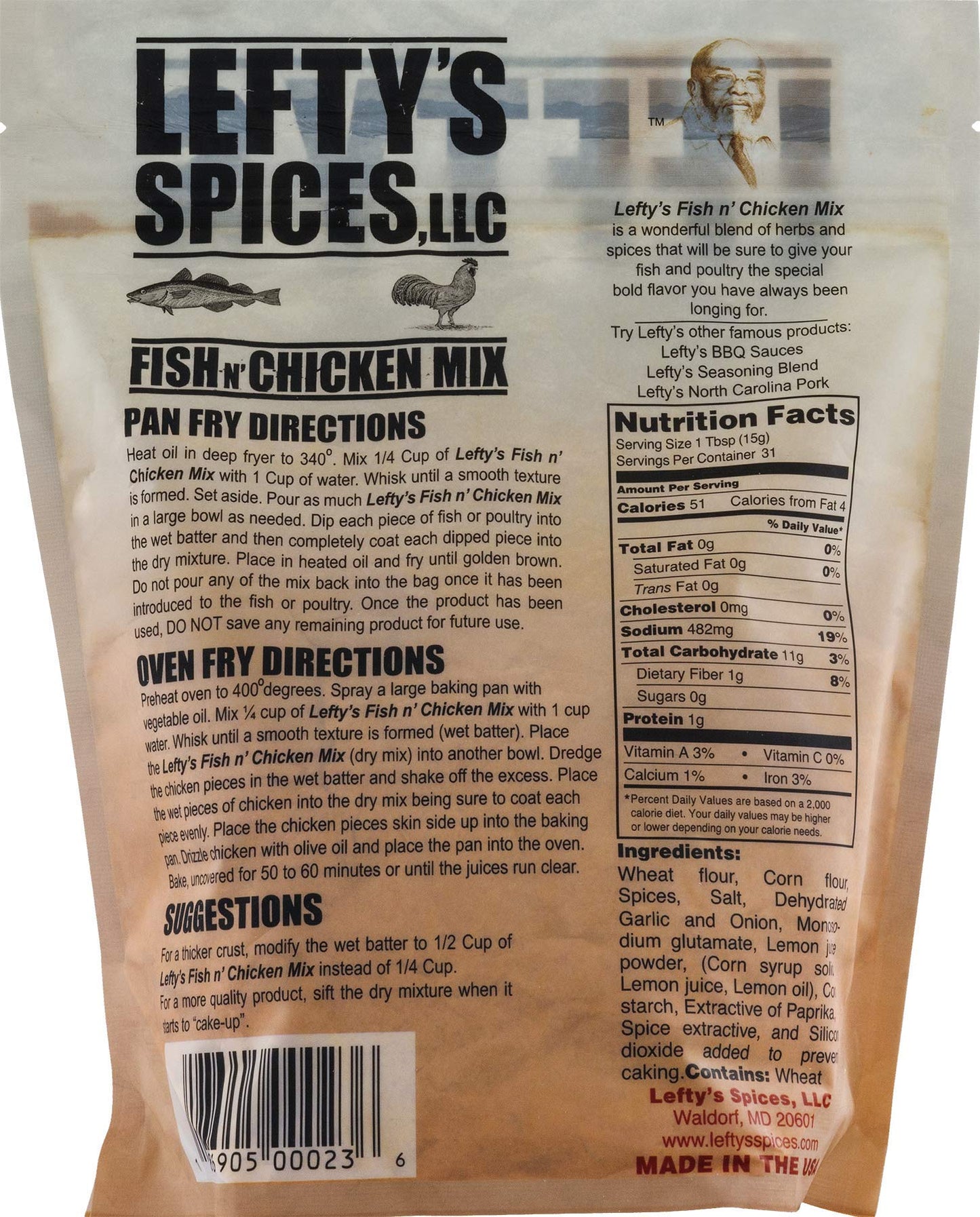 Lefty's Spices Fish N' Chicken Mix for Oven, Pan or Deep Fry 16oz Bag (Pack of 3) Chose Flavor Below (Spicy)