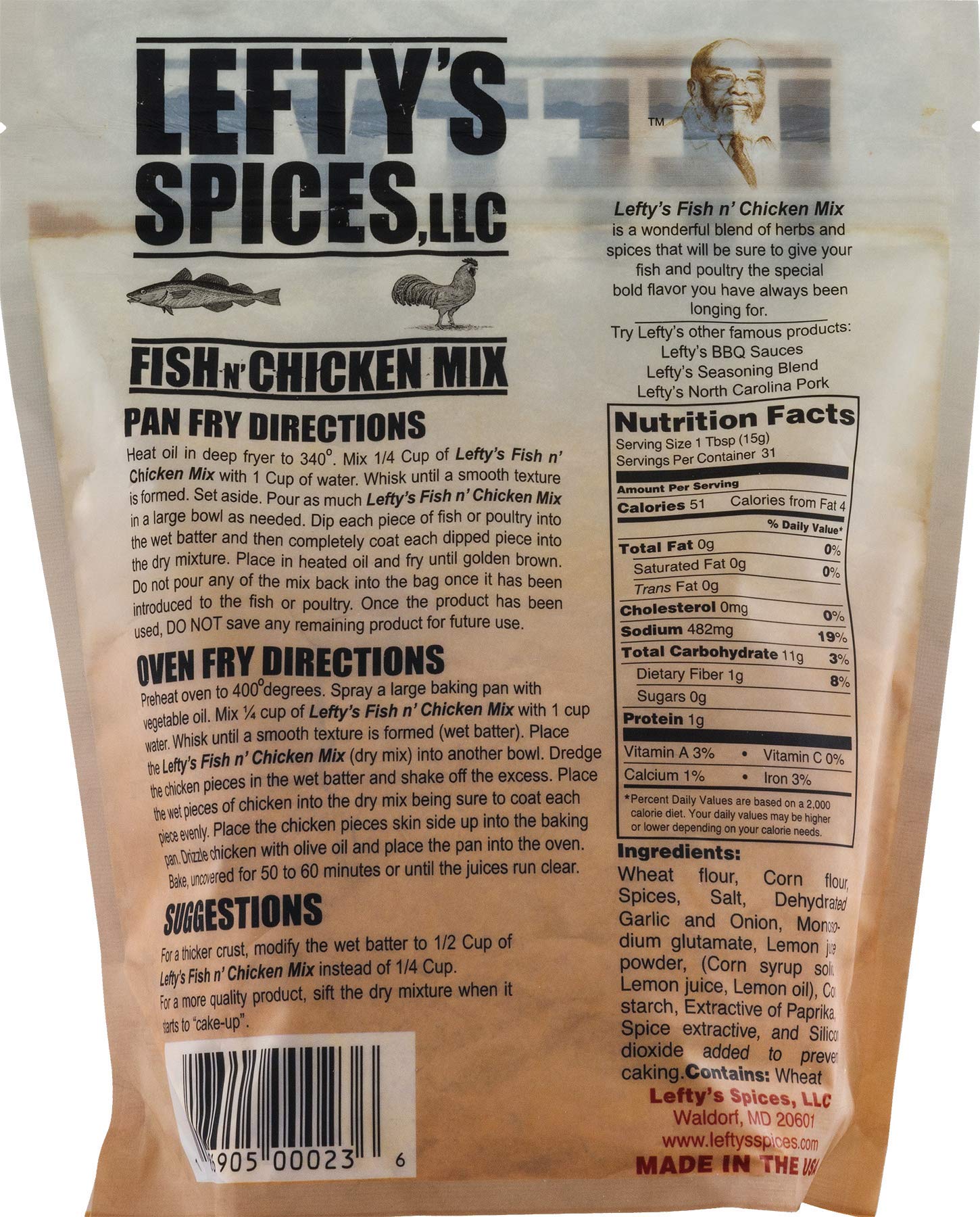 Lefty's Spices Fish N' Chicken Mix for Oven, Pan or Deep Fry 16oz Bag (Pack of 3) Chose Flavor Below (Spicy)