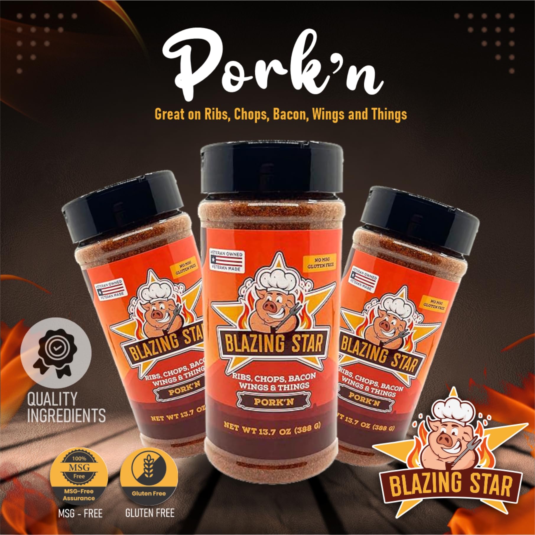 Blazing Star Pork’n Rub - Bold BBQ Seasoning for Ribs, Chops, Bacon, Wings, and Things - Perfect BBQ Rub for Grilling, Smoking, and Barbecue - Veteran