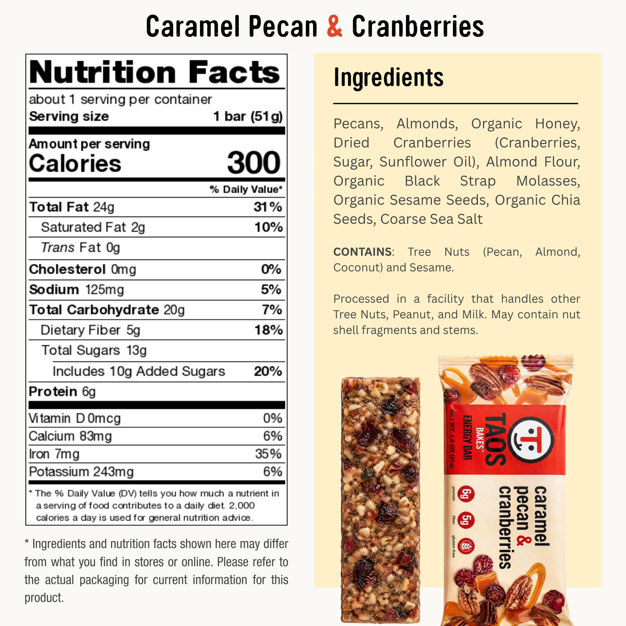 Taos Bakes - Caramel Pecan + Cranberries - Breakfast Bars - 5g Fiber & Gluten Free - Healthy Snacks for Adults - Filled with Pecans, Cranberries