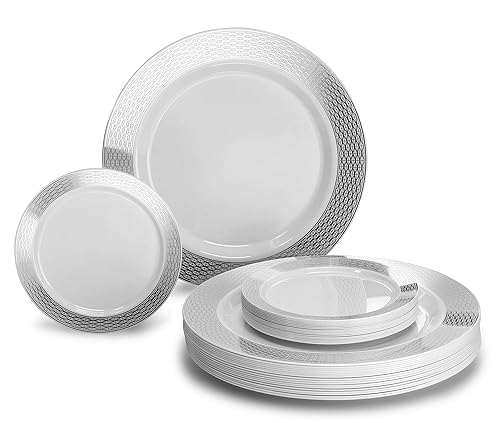 " OCCASIONS " 50 Plates Pack, Heavyweight Premium Disposable Plastic Plates Set (25 x 10.5'' Dinner + 25 x 6.25'' Cake plates) (Diamond in White