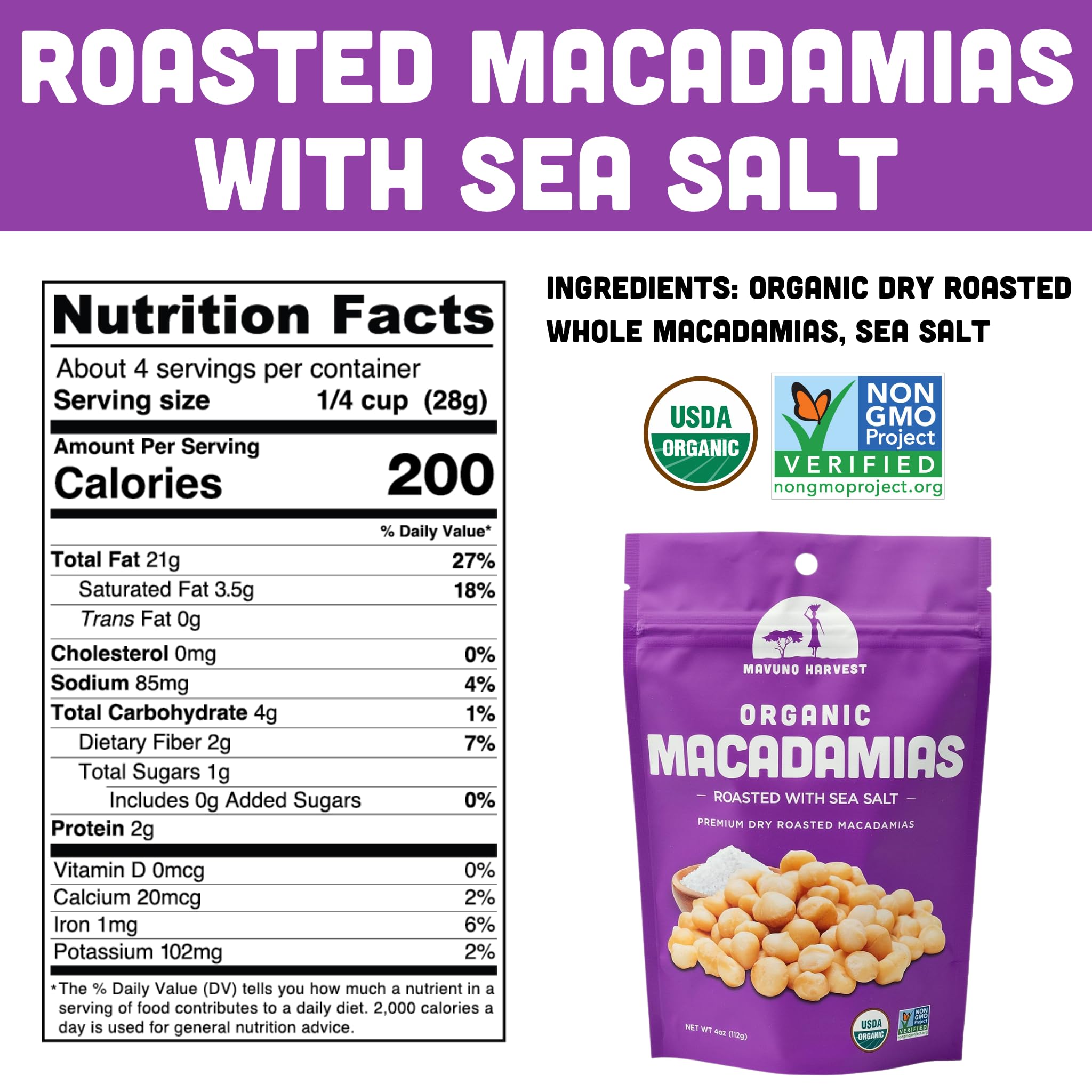 Mavuno Harvest Organic Roasted Macadamia Nuts with Sea Salt | Dry Roasted Whole Macadamia Nuts | Vegan, Non GMO Healthy Snacks for Kids and Adults |
