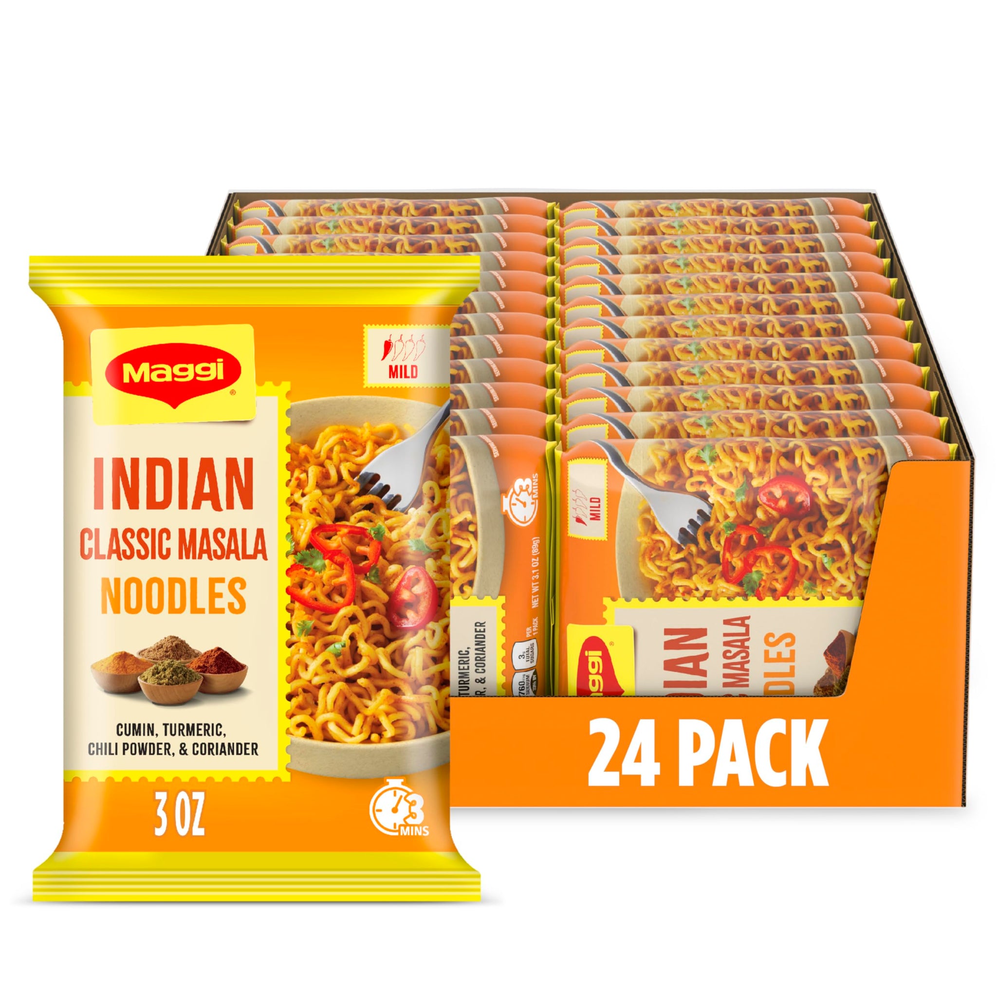 Maggi Indian Classic Masala Noodles, Instant Noodles, 3 Min Indian Noodles, Mildly Spicy, 24Pk