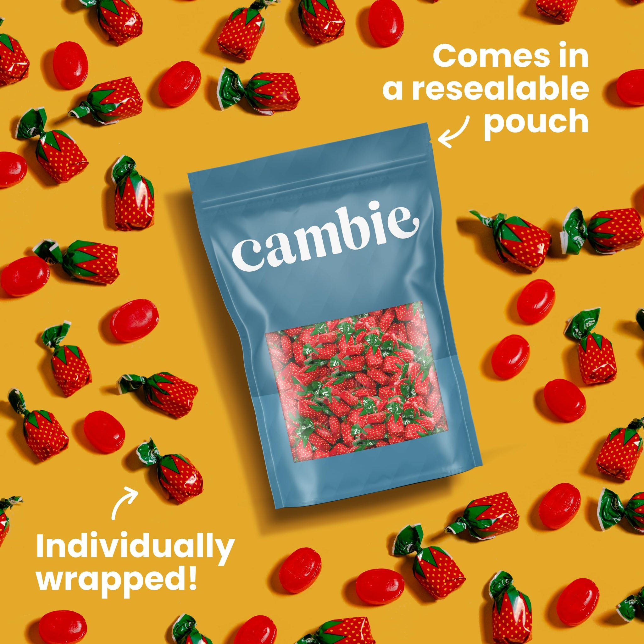 Strawberry Hard Candy Individually Wrapped by Cambie, 4 lbs of Strawberry Candy with a Deliciously Sweet Hard Exterior with a Soft, Fruit-Filled