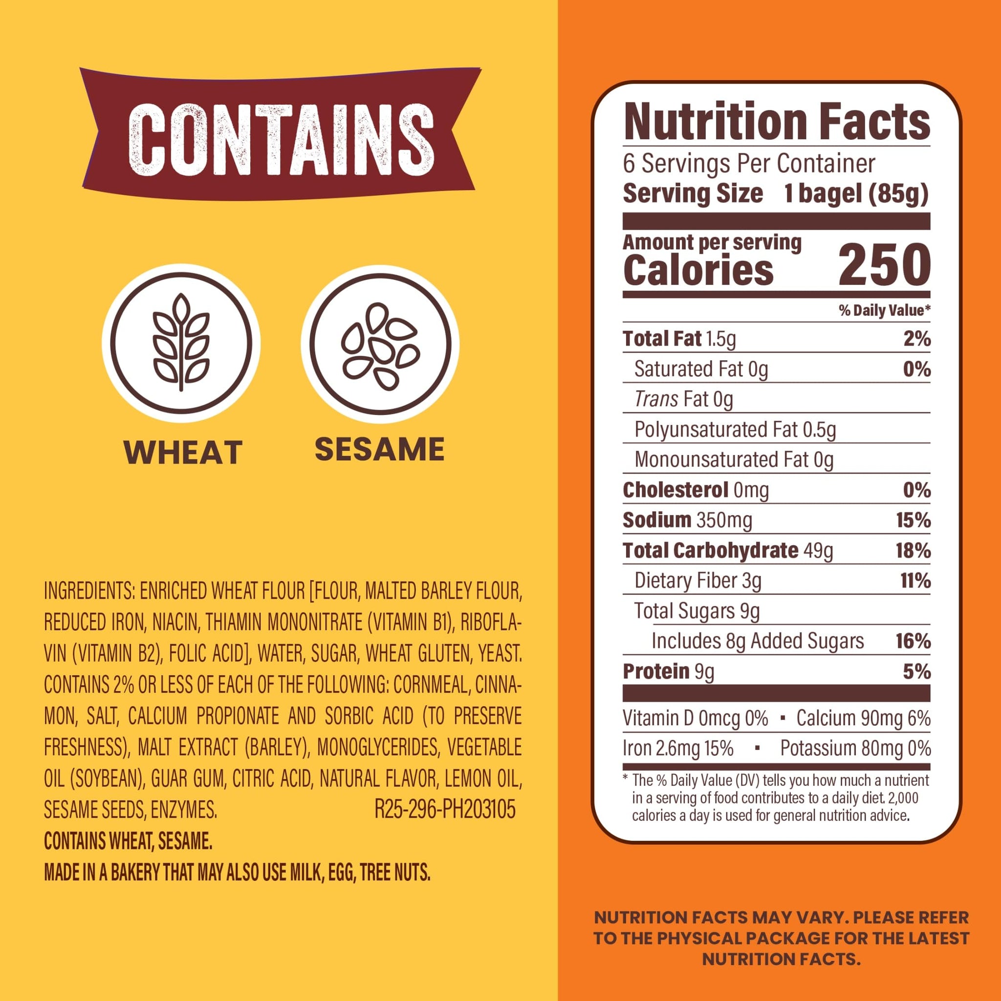 Thomas' Cinnamon Swirl Bagels, 6 count, (3.0 oz each), 9g Protein, Kosher Cinnamon Bagels, 18 oz Bag