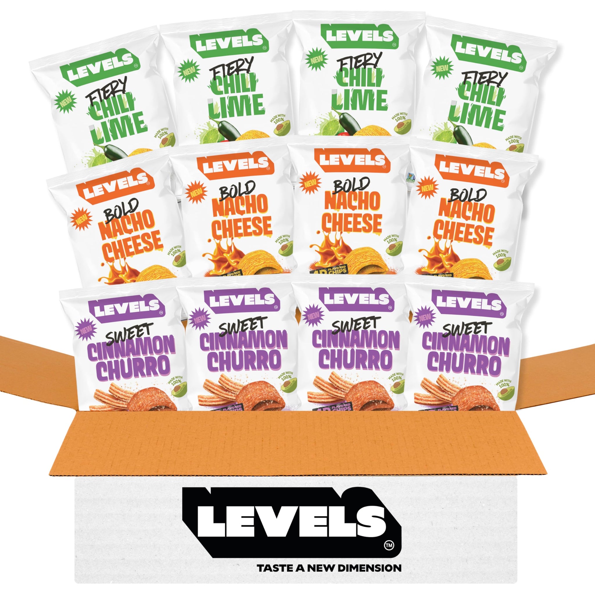 LEVELS 4D Sweet Cinnamon Churro Chips, Nacho Cheese & Chili Lime (12-Pack) by Brent Rivera - Gluten-Free, Non-GMO, Crispy Avocado Oil Chips - Corn