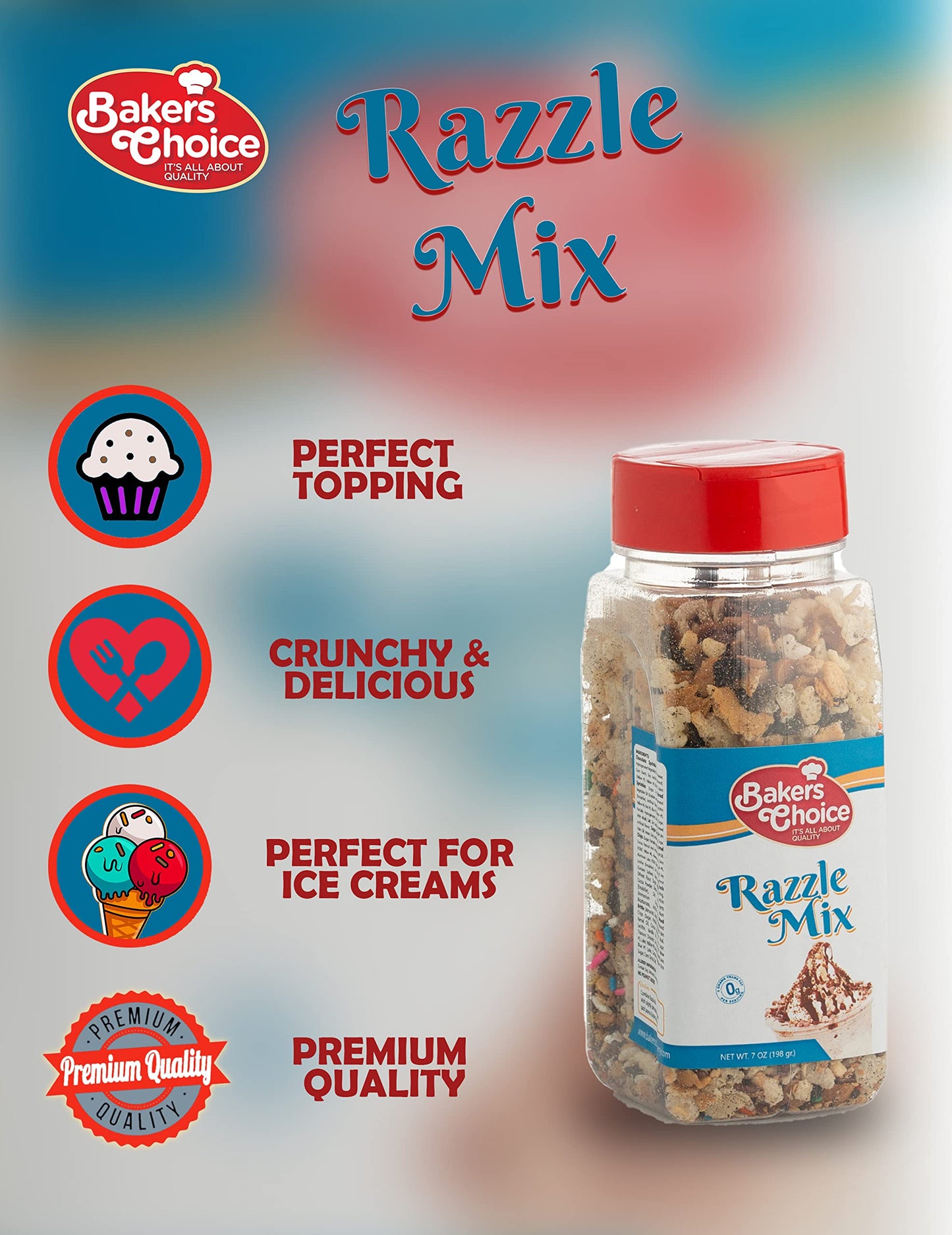 Razzle Crunch Topping - Chocolate, Caramel, Butterscotch and Nut Mix - Sprinkles for Ice Cream Sundae Toppings - 7 oz. - Dairy Free, Kosher - Baker’s