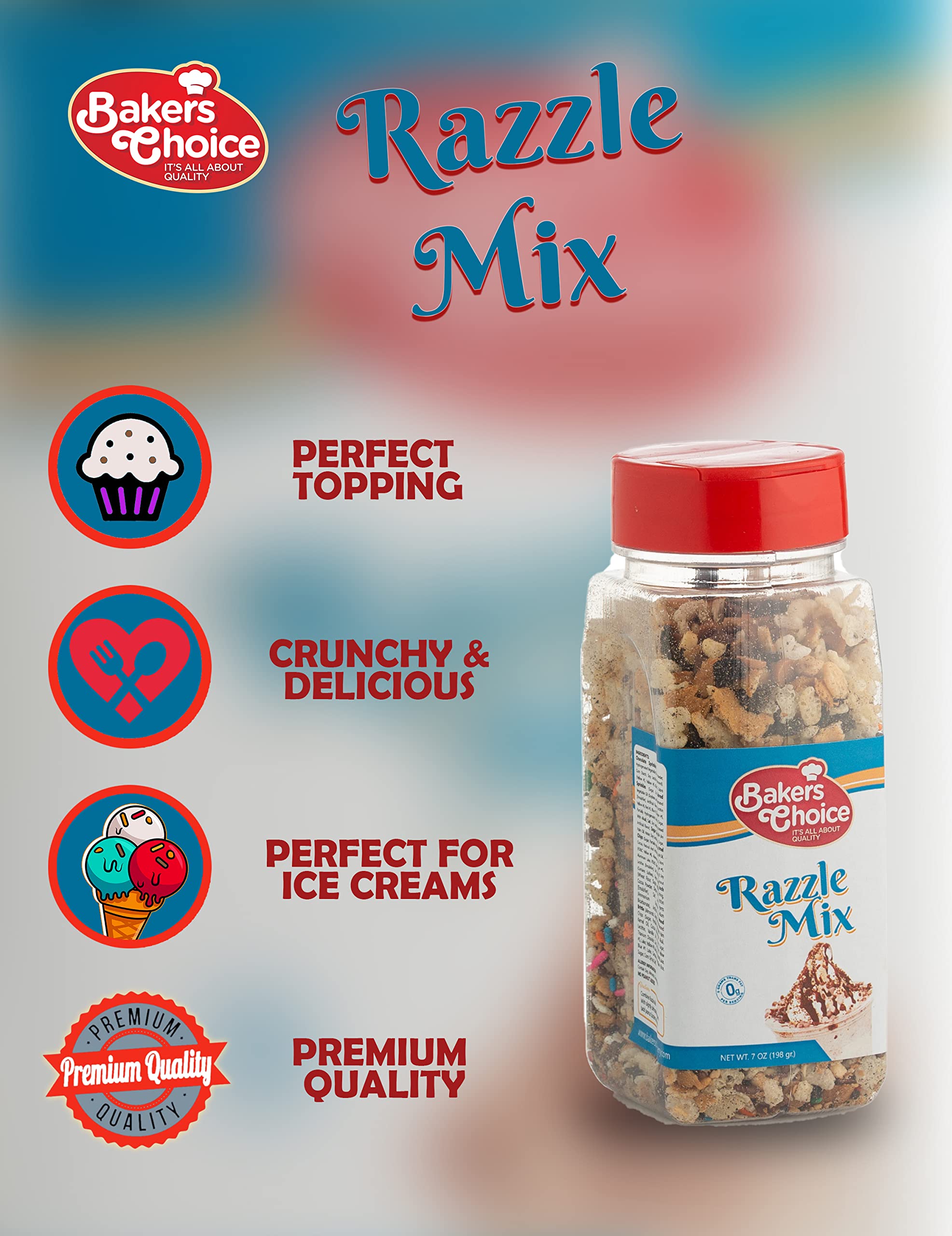 Razzle Crunch Topping - Chocolate, Caramel, Butterscotch and Nut Mix - Sprinkles for Ice Cream Sundae Toppings - 7 oz. - Dairy Free, Kosher - Baker’s
