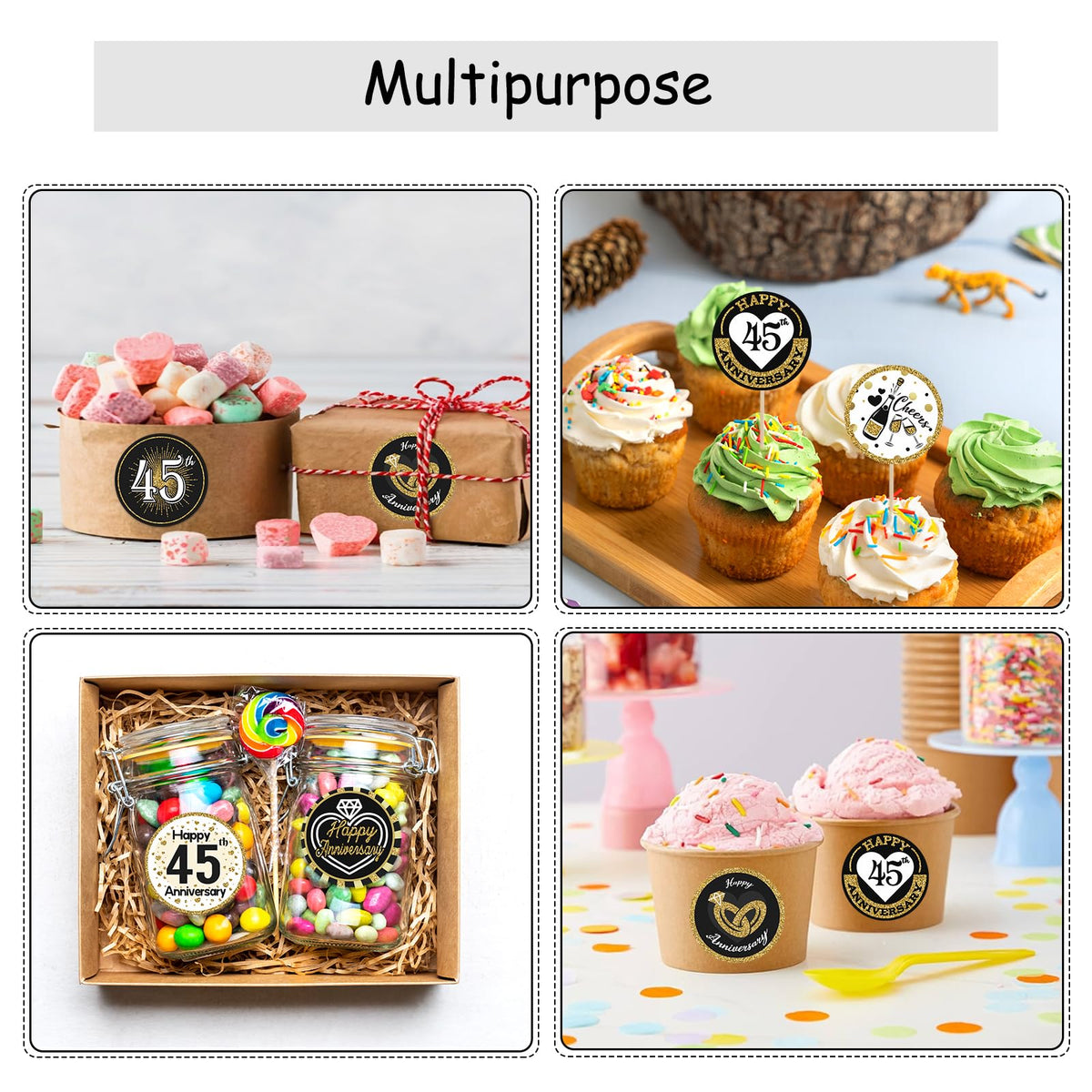 Black and Gold 45th Anniversary Kisses Stickers, 180 Count 0.75" Round Candy Labels, Chocolate Favor Stickers for 45th Wedding Anniversary Party