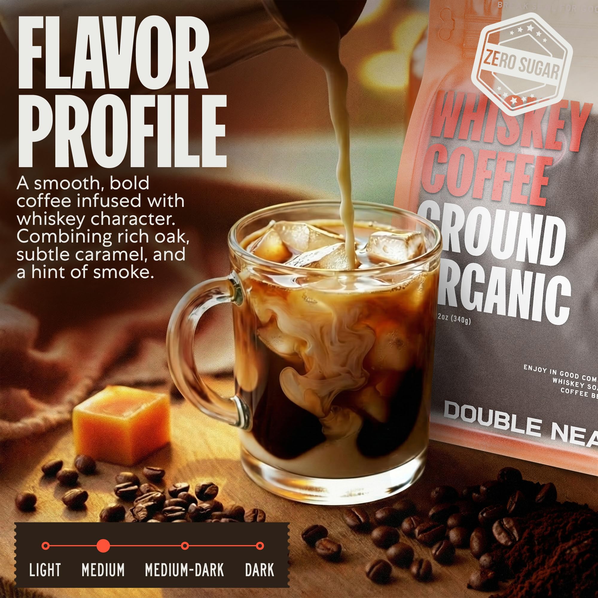 Double Neat Whiskey Coffee Organic - Enough for 30+ Cups - Bourbon Barrel Aged Ground Coffee - Premium Small-Batch Medium Roasted - Cool Coffee Gifts