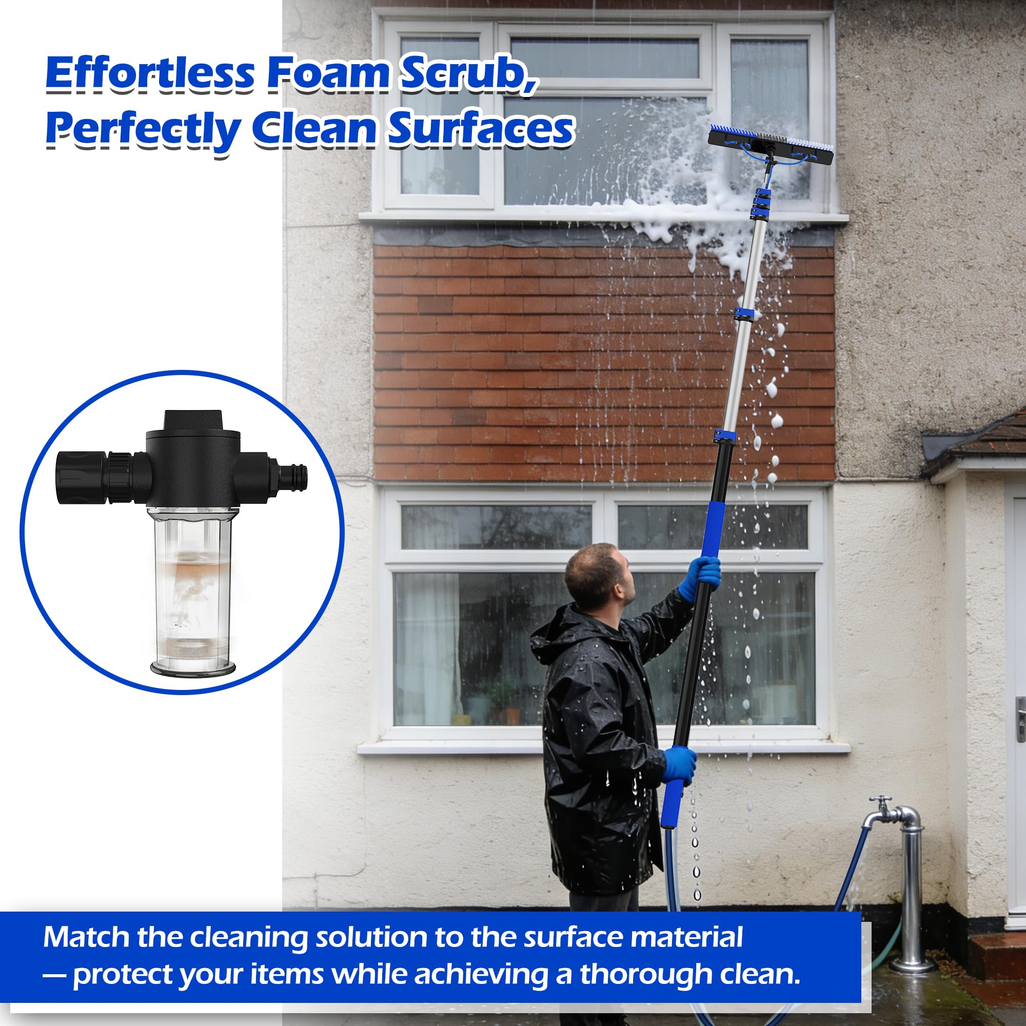 TONYINGO 5-20FT Solar Panel Cleaning Brush Kit - Telescopic Pole with Dual Action Flip-Lock & Screw Fixing, Water Flow & Soap Dispenser, Ideal