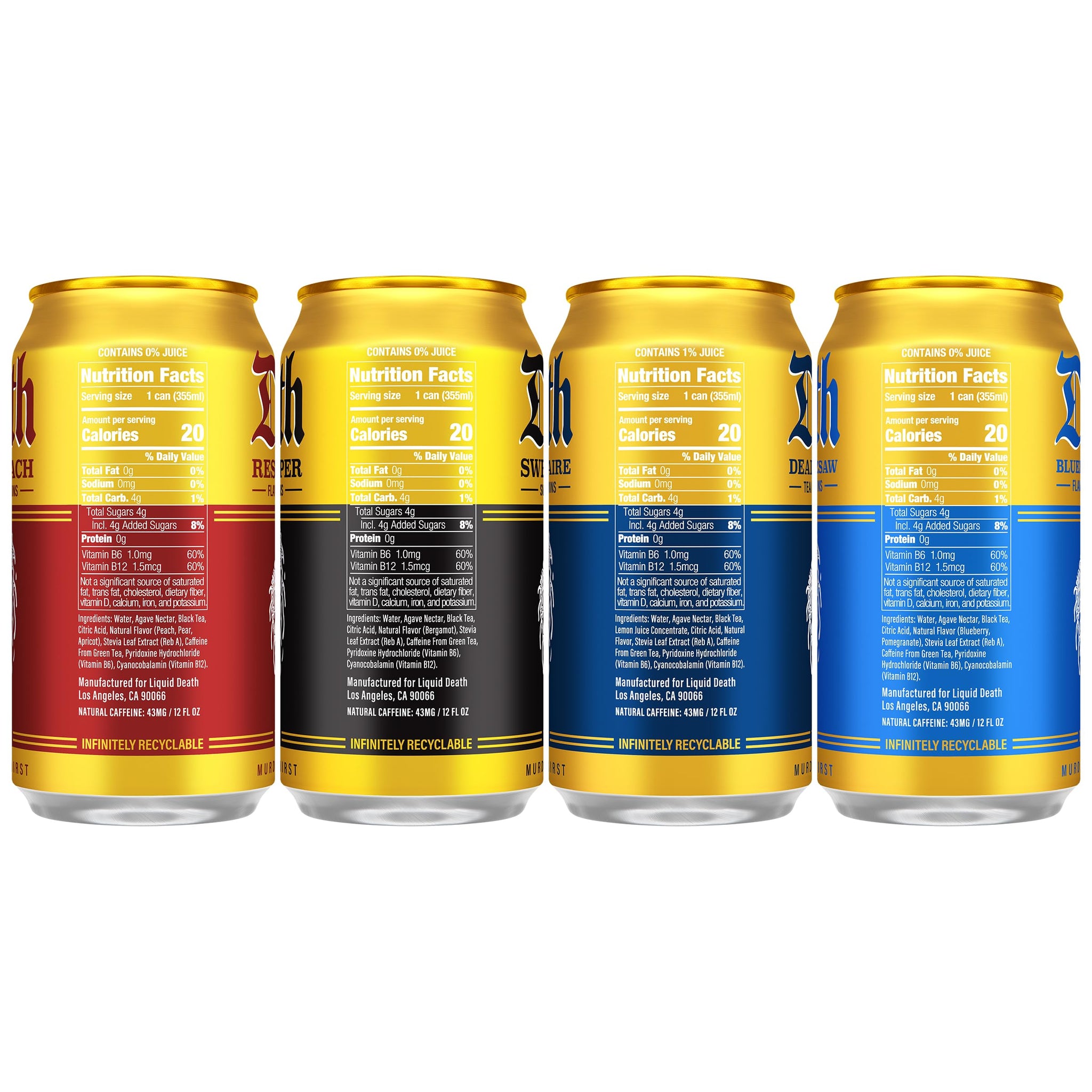 Liquid Death Iced Tea - O.G. Variety, Less Sugar*, Boost of Caffeine, B Vitamins, No Artificial Sweeteners, 4 Flavors: Tea/Lemonade, Rest in Peach