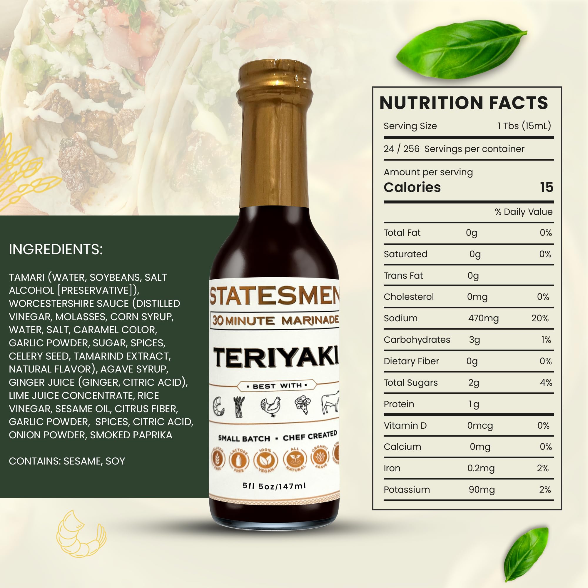 Statesmen Teriyaki 5oz - Gluten-Free, Vegan, Lactose-Free Japanese-Style Marinade for Chicken, Shrimp, Beef & Vegetables