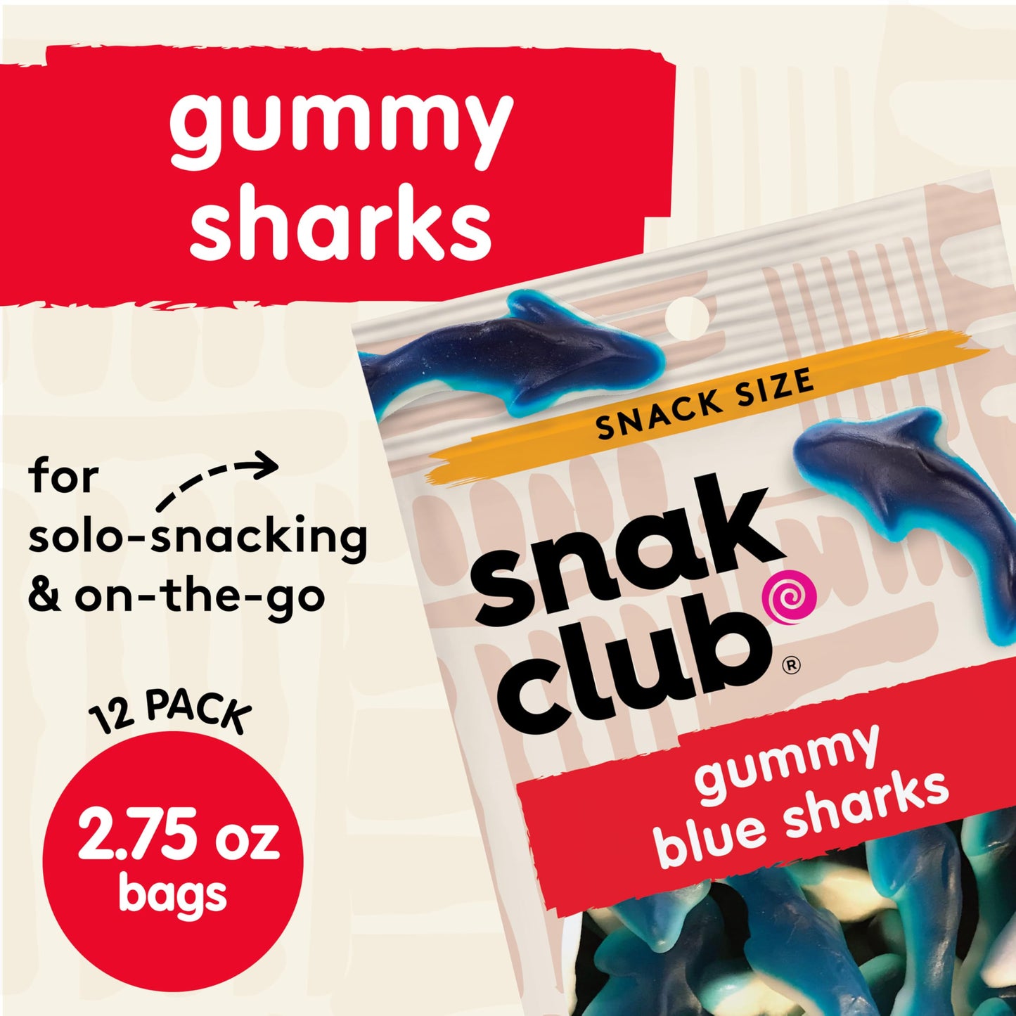 Snak Club Gummy Sharks Candy, Blue Raspberry Fruit Flavored Candy Gummies, Soft and Chewy, Fat-Free and Gluten-Free Snacks, 2.75 oz Snack Bags, 12