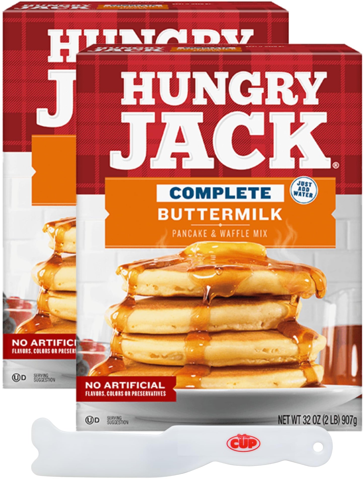 Hungry Jack Complete Buttermilk Pancake & Waffle Mix, 32 oz (Pack of 2) with By The Cup Spatula Knife