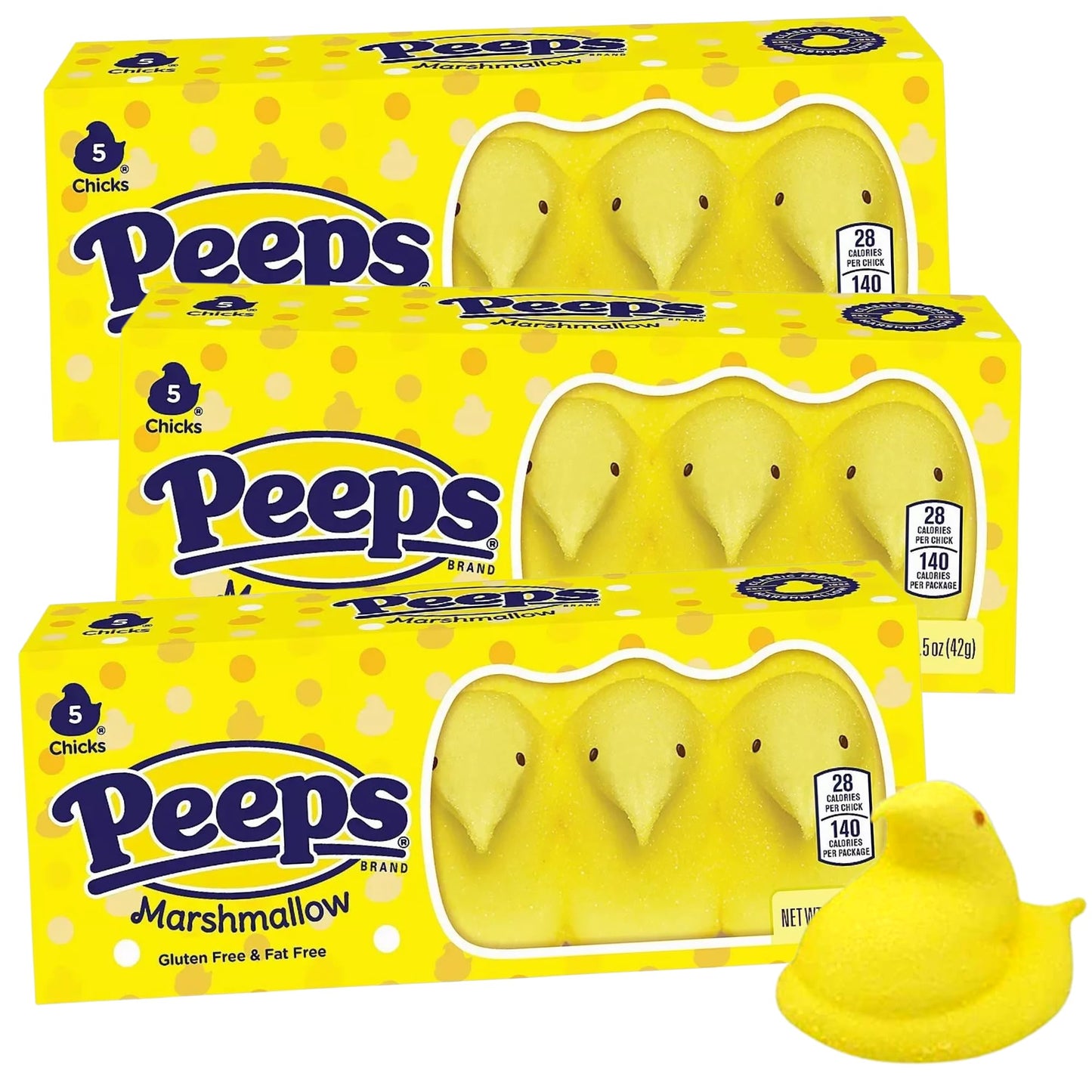 Yellow Peeps Marshmallow Chicks, Classic Easter Basket Stuffer Candy, 5 Count Sleeves (Pack of 3)