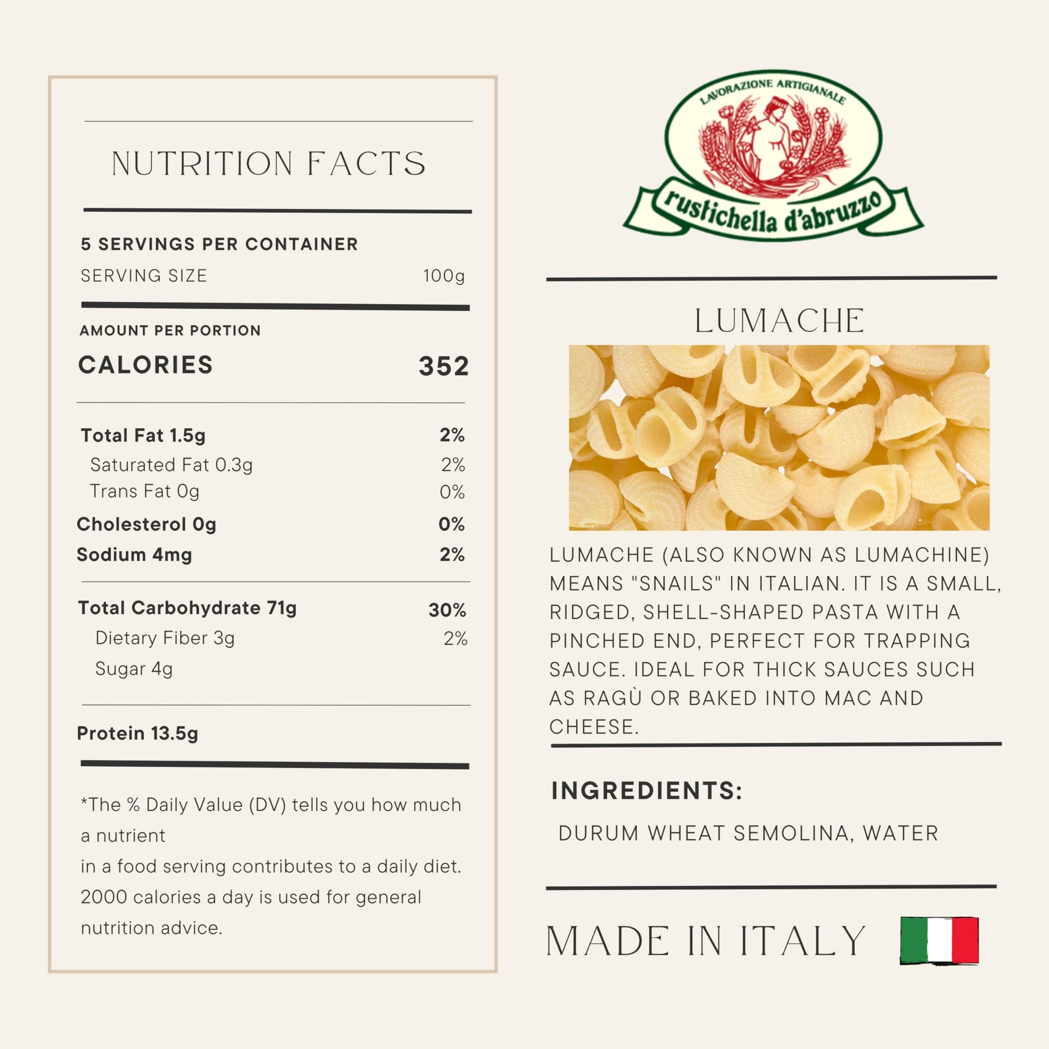 Rustichella d’Abruzzo Lumache Pasta 500g (17.6oz) | Authentic Italian Short Pasta from Abruzzo | Artisan Durum Wheat Semolina | Traditional