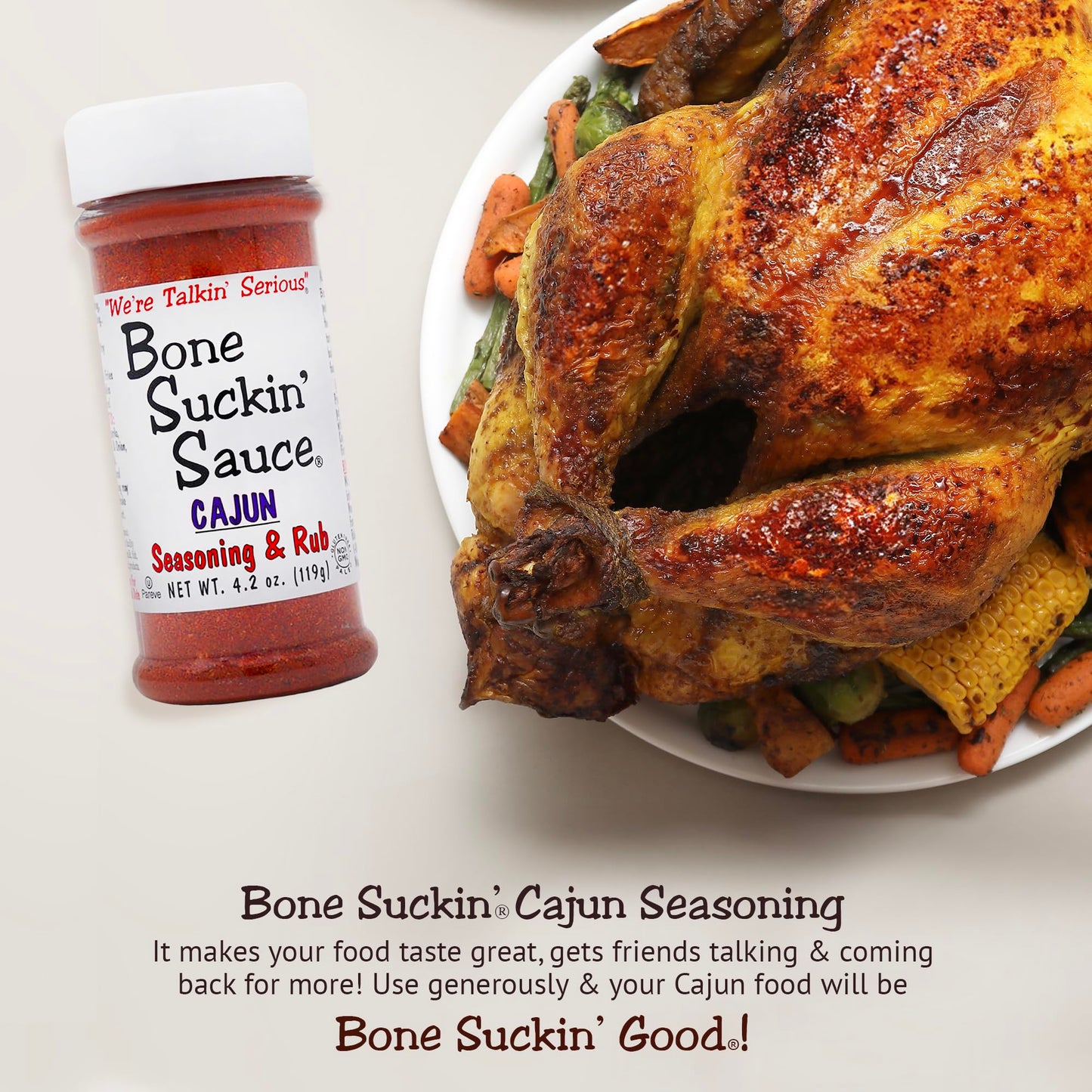 Bone Suckin' Cajun Seasoning & Rub, 4.2 Oz - Gluten-Free, Non-GMO, Kosher, Pareve, & Sugar Free. No Anti Caking Agent & No MSG!