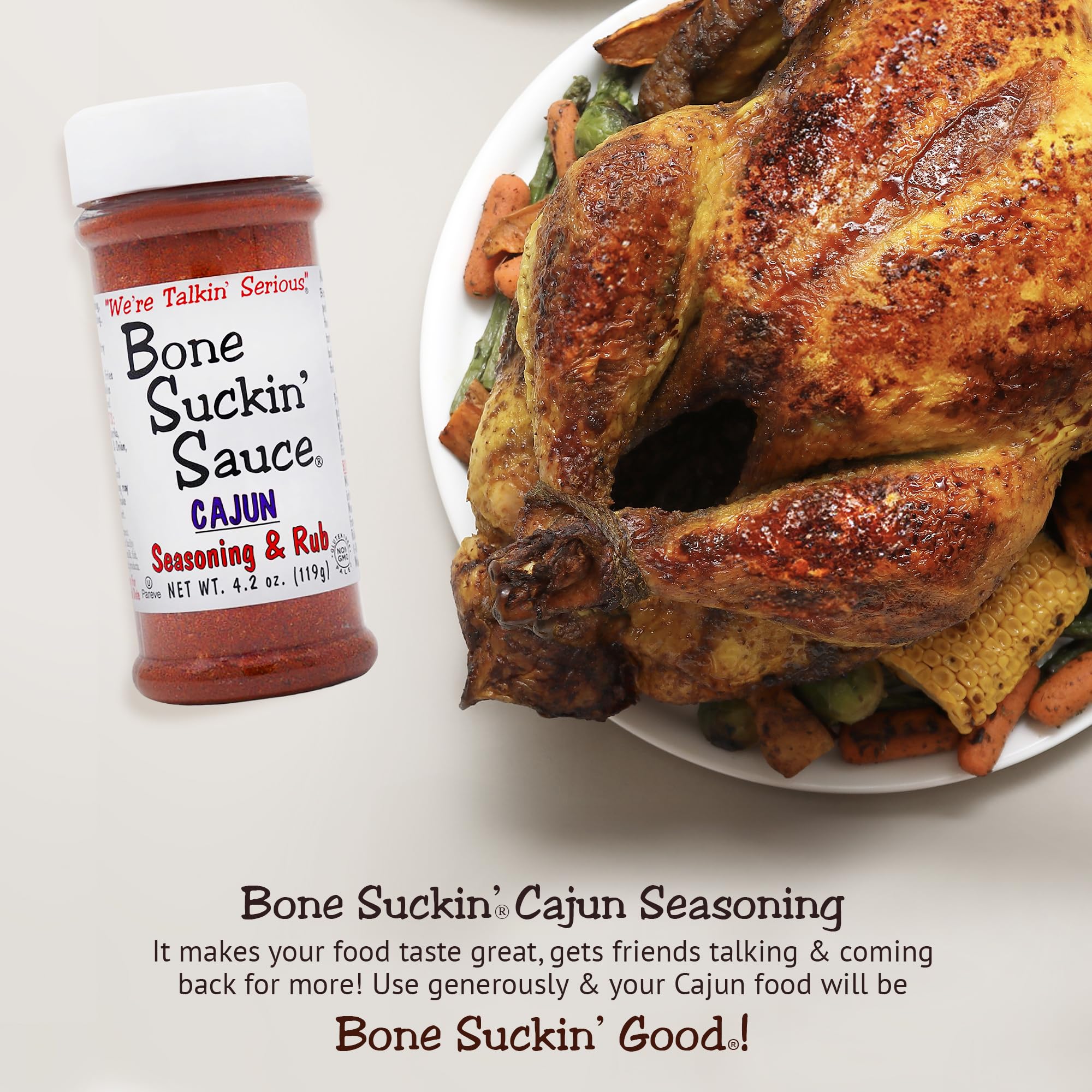 Bone Suckin' Cajun Seasoning & Rub, 4.2 Oz - Gluten-Free, Non-GMO, Kosher, Pareve, & Sugar Free. No Anti Caking Agent & No MSG!