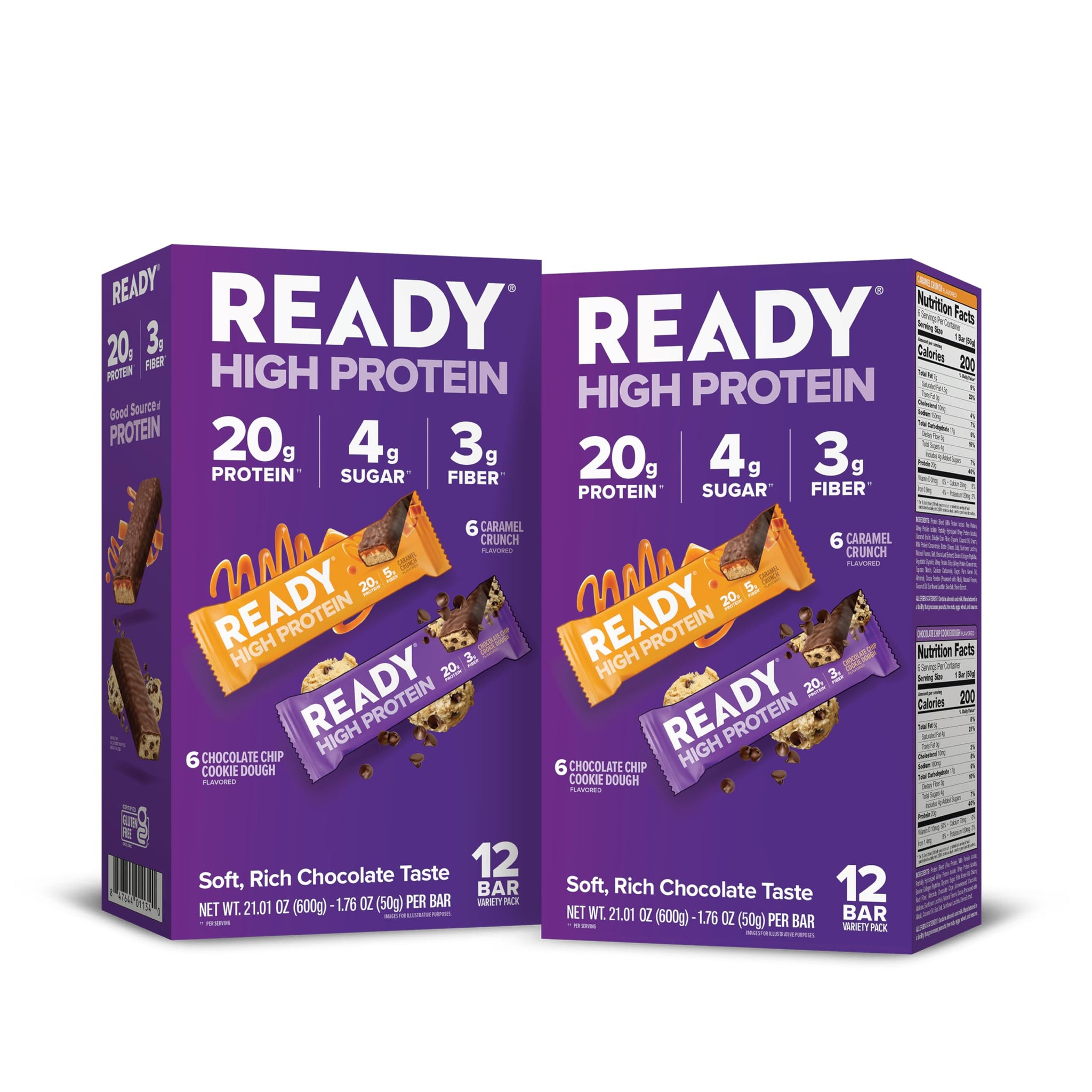 Ready® High Protein 20g Bar - Chocolate Chip Cookie Dough & Caramel Crunch Variety Pack | Low Sugar | No Artificial Sweeteners | No Sucralose | Twin