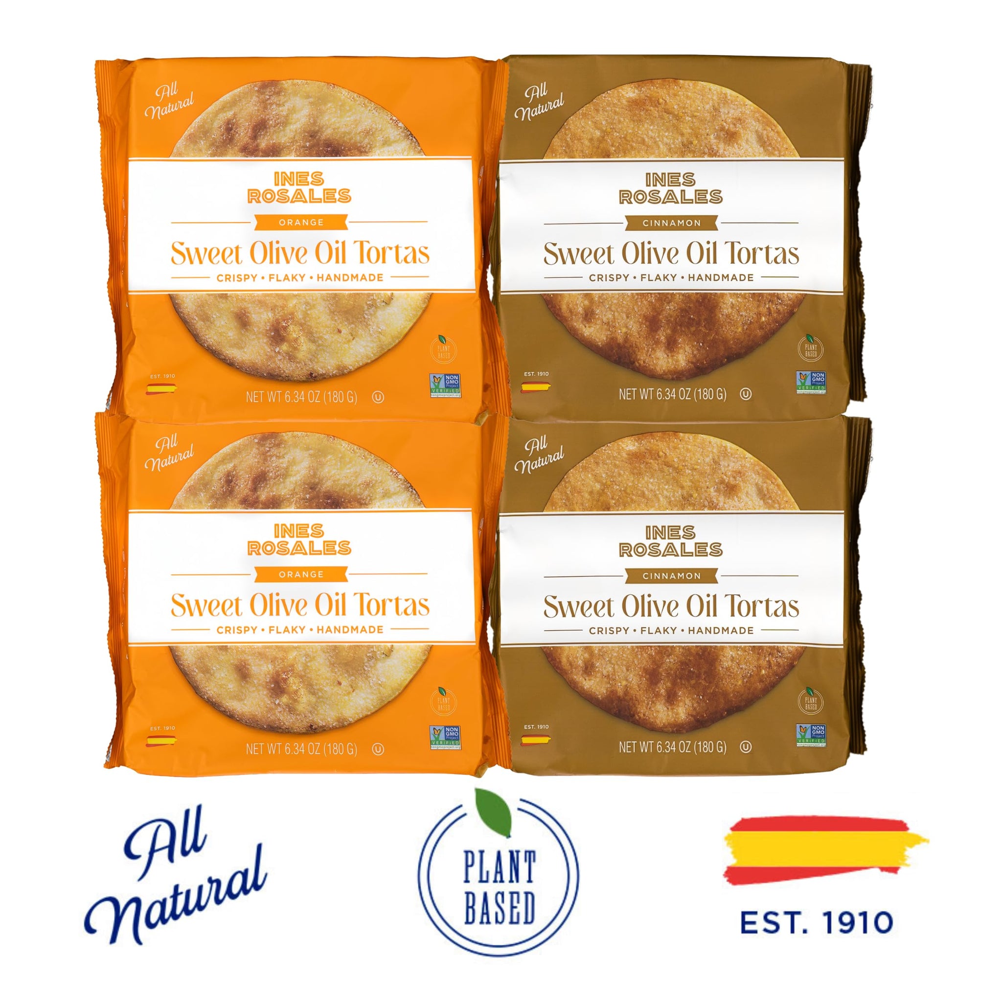 Ines Rosales Tortas Bundle - 2 Cinnamon + 2 Orange - Handcrafted Spanish Olive Oil Tortas, Flavorful Citrus and Spiced Delight