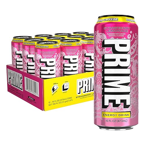 PRIME Energy STRAWBERRY LEMONADE, Sugar Free Energy Drink, 200mg Caffeine and 355mg of Electrolytes for Hydration, Low Calorie, Vegan, Gluten Free,16