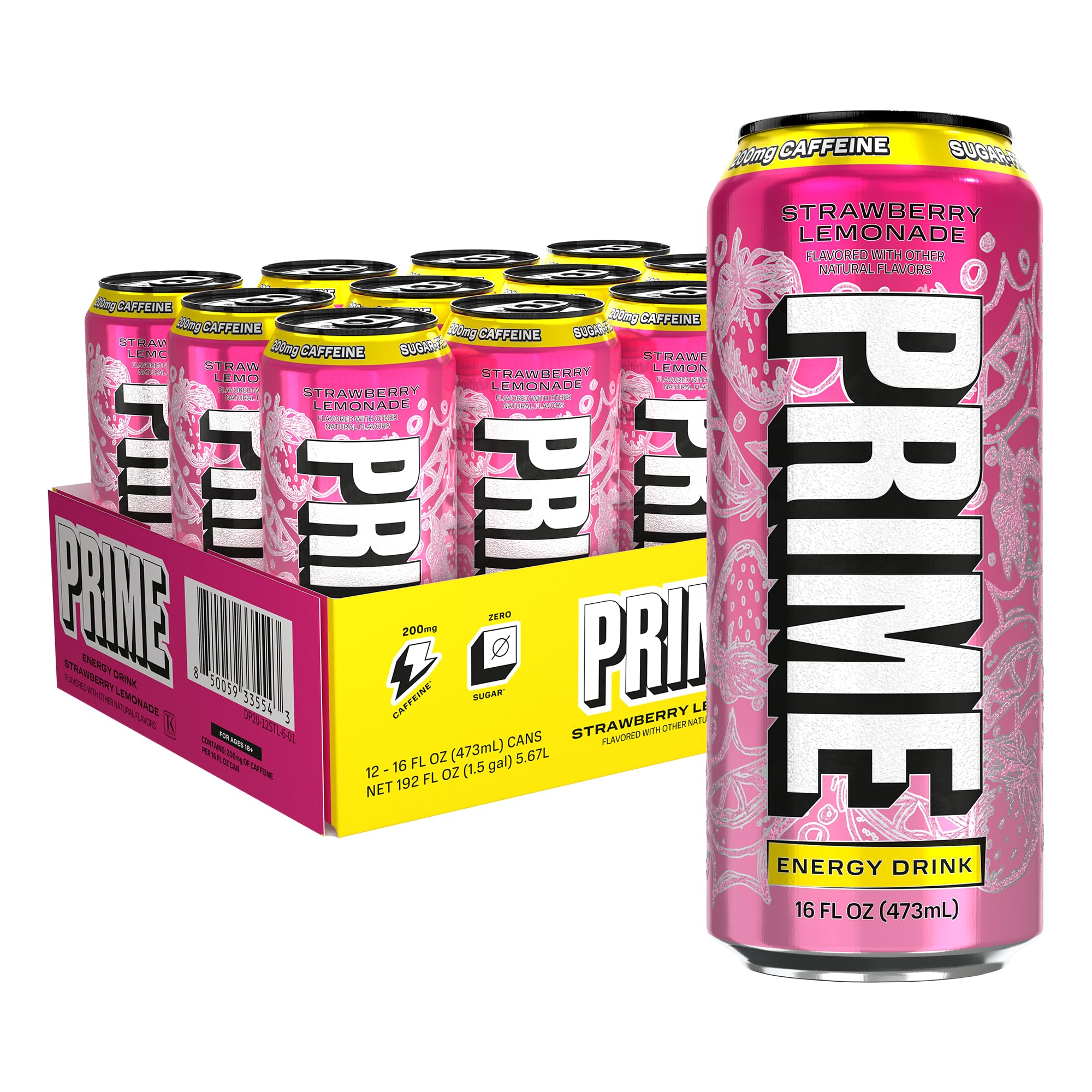 PRIME Energy STRAWBERRY LEMONADE, Sugar Free Energy Drink, 200mg Caffeine and 355mg of Electrolytes for Hydration, Low Calorie, Vegan, Gluten Free,16