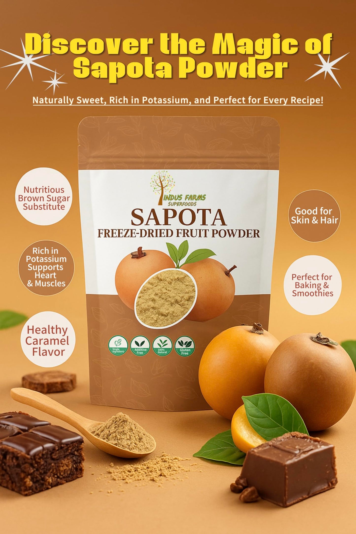 Indus Farms Sapota Freeze-Dried Fruit Powder, Unique Flavor For Smoothies, Baking, Desserts & Functional Beverages, Natural Sweetener, No Additives or