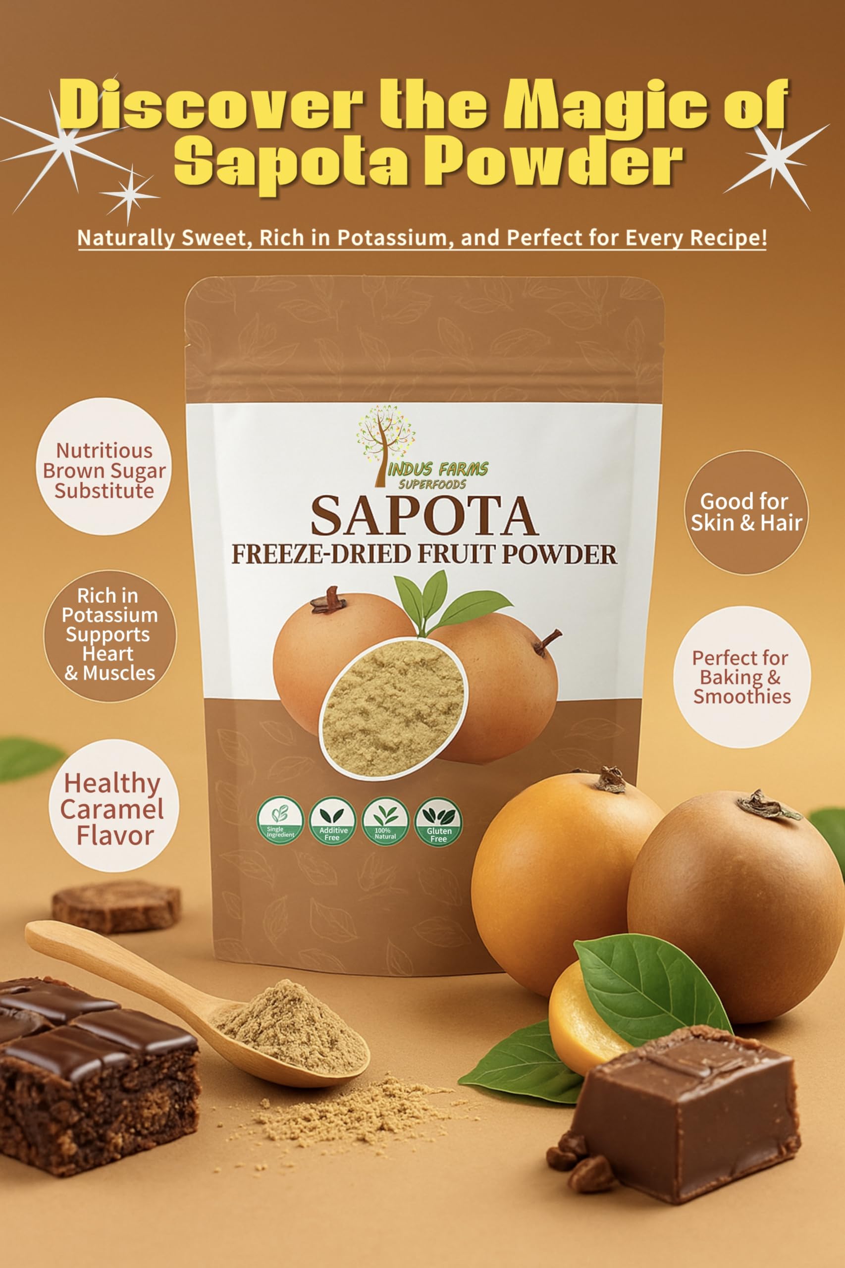 Indus Farms Sapota Freeze-Dried Fruit Powder, Unique Flavor For Smoothies, Baking, Desserts & Functional Beverages, Natural Sweetener, No Additives or