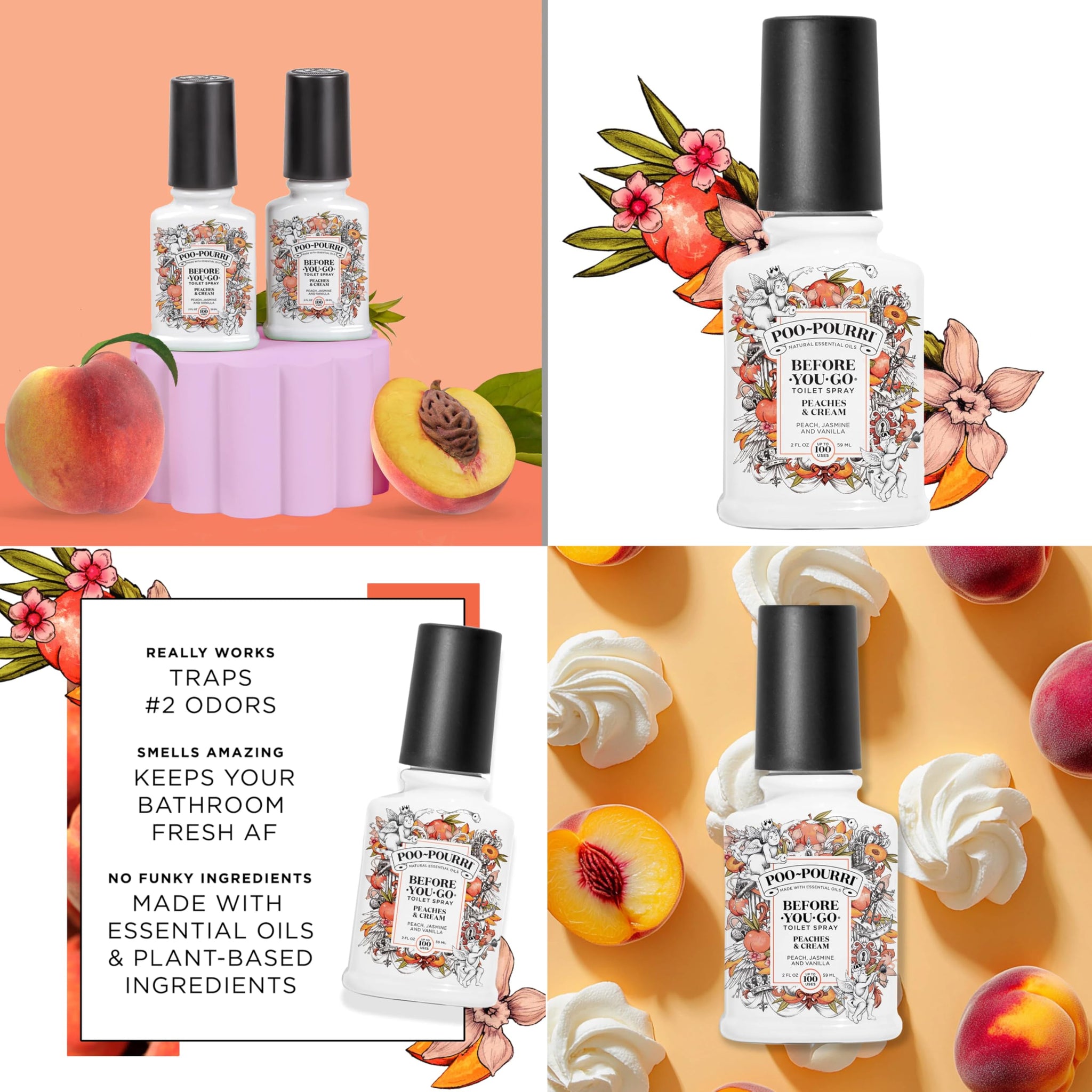 Poo-Pourri Before-You-Go Toilet Spray Peaches and Cream 2 Ounce Peach, Jasmine & Vanilla Pack of 2