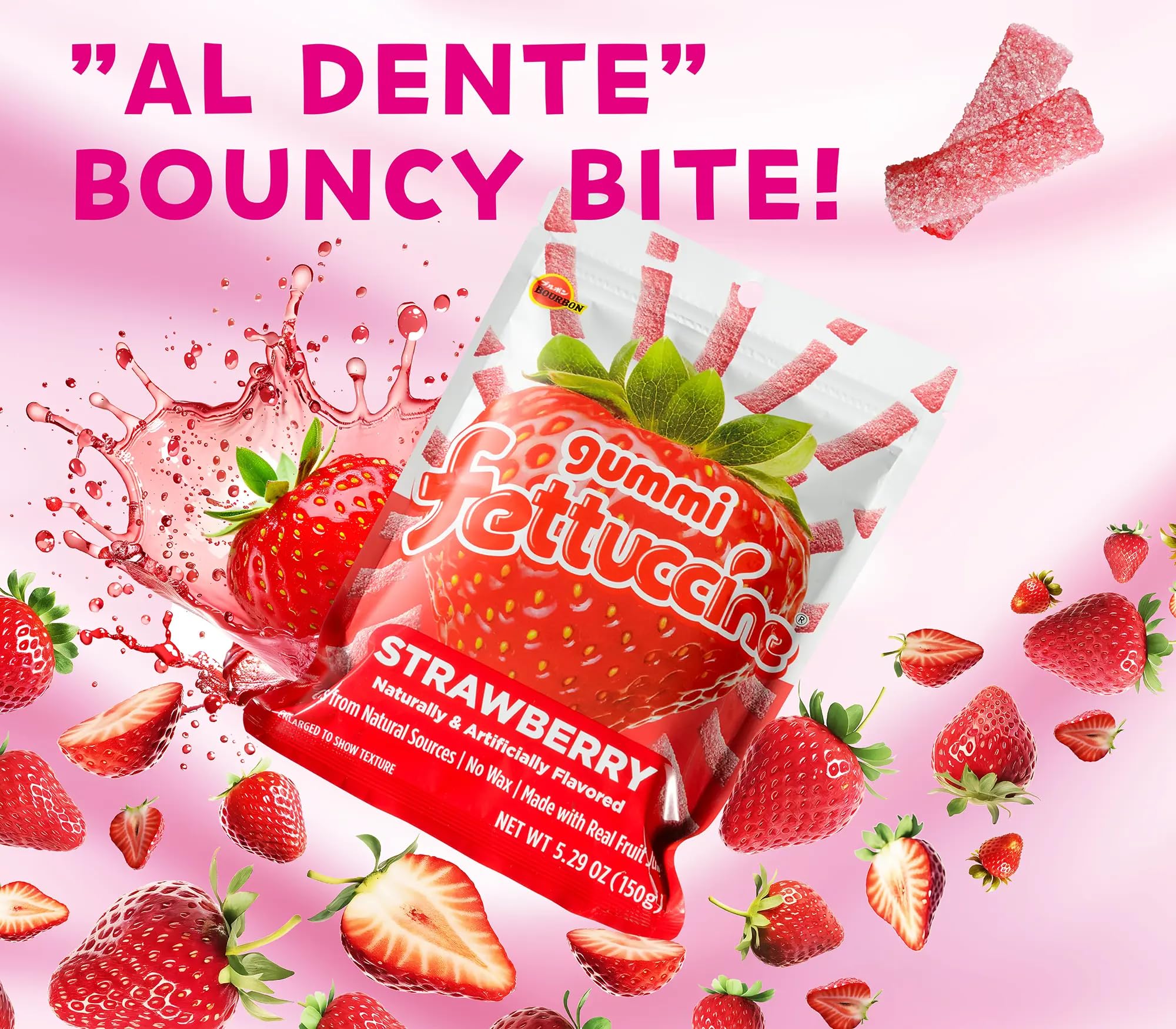 Bourbon Fettuccine Gummi Strawberry 6 -Pack - Japanese Tangy & Chewy Gummy Strips with Real Fruit Juice Share Size (5.29 OZ)