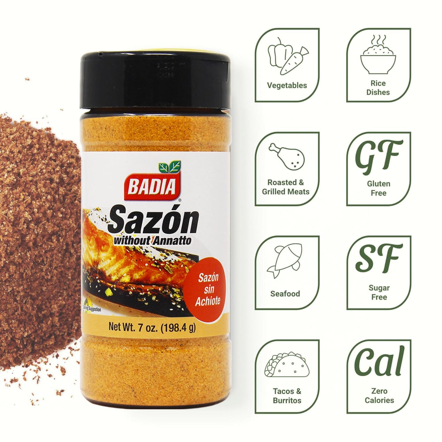 Badia Sazon without Annatto (Achiote), 7 oz - Savory Seasoning Blend for Latin-Inspired Flavors