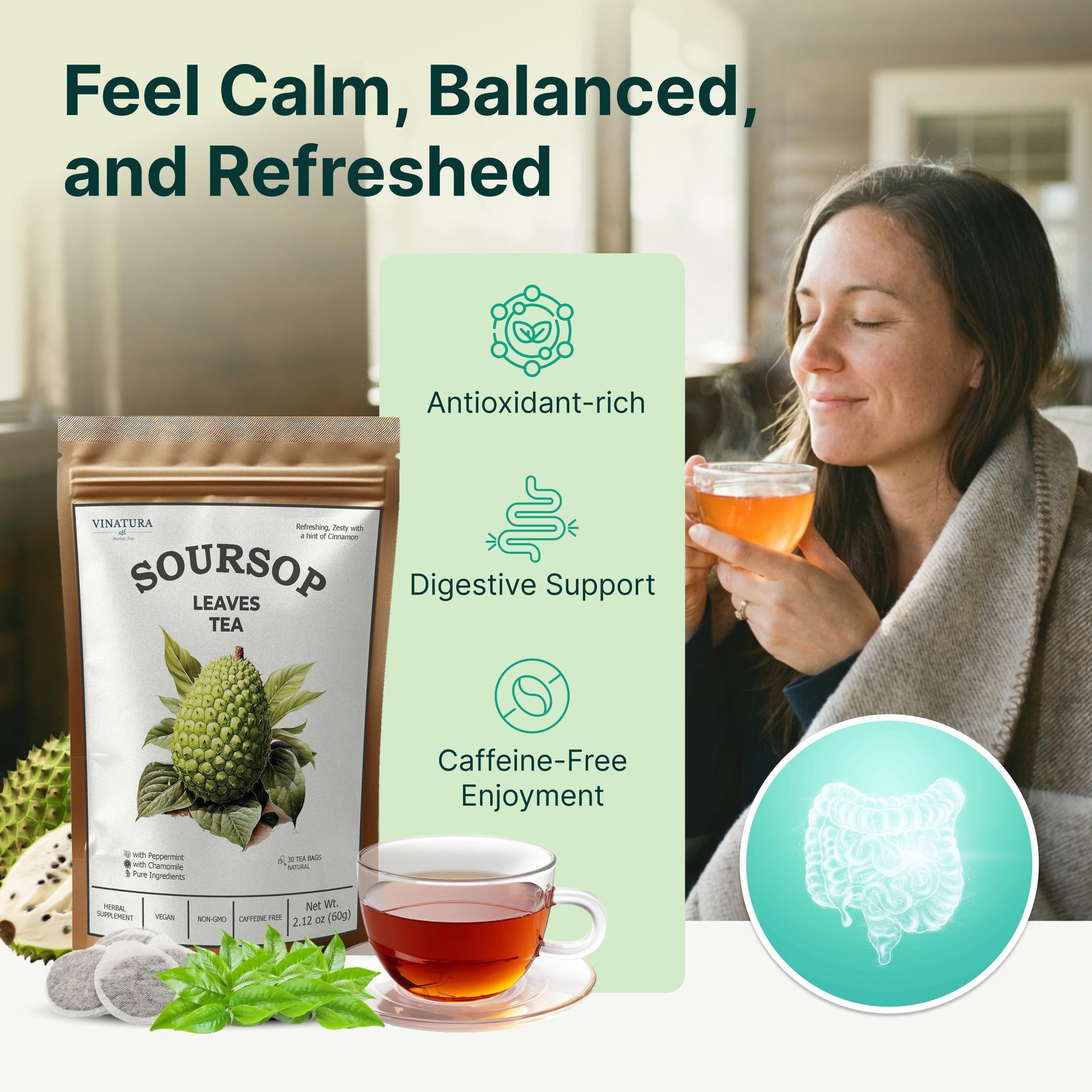 Soursop Tea Leaves bags - Pure Graviola Leaf, Peppermint, Chamomile & Cinnamon - All natural, Dye-free bag - Herbal Tea for Health, Refreshing Brew