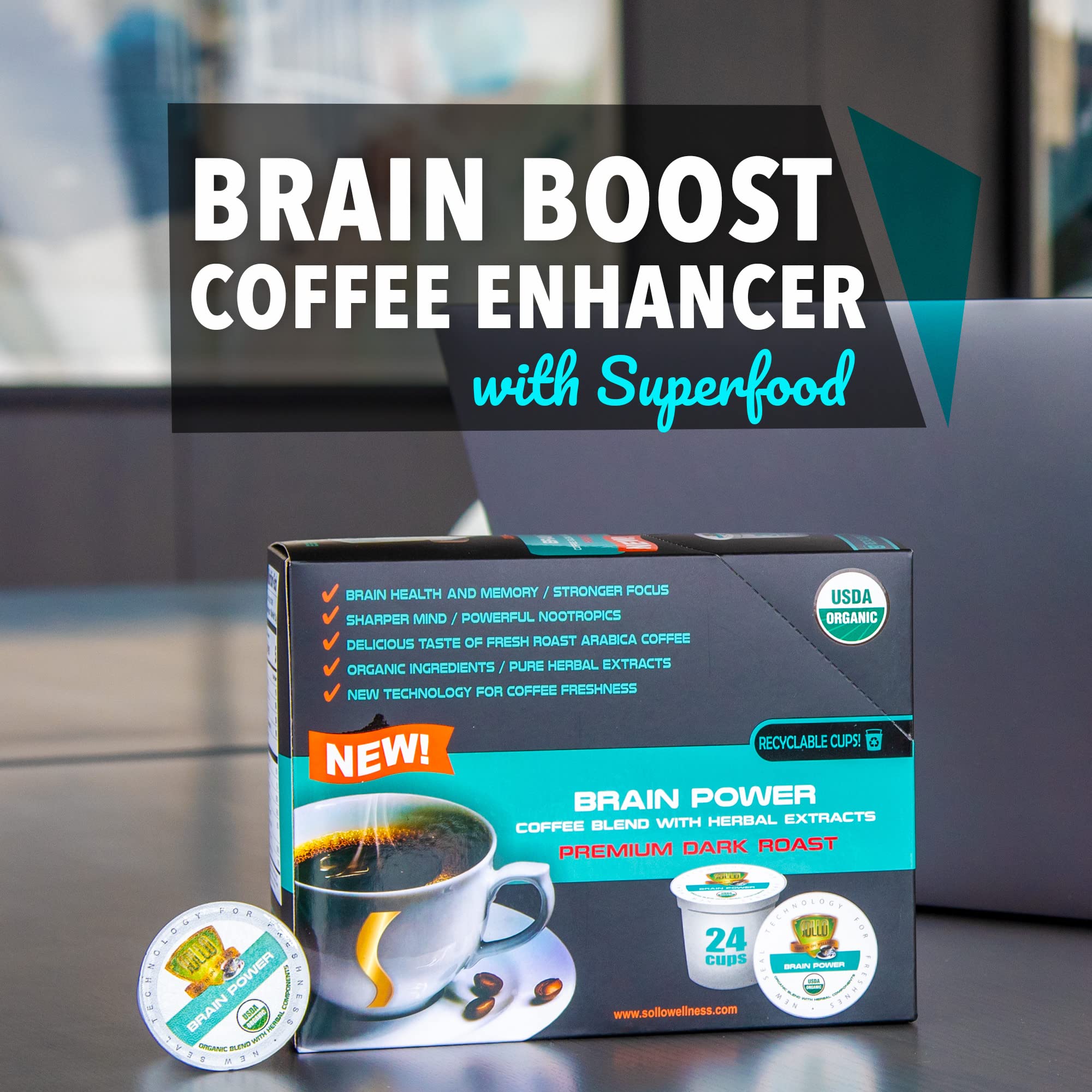SOLLO Brain Power Dark Coffee Pods MCT & Essential nutrition, Nootropic Brain Booster, For Memory & Focus Compatible with 2.0 K-Cup Keurig Brewers, 24