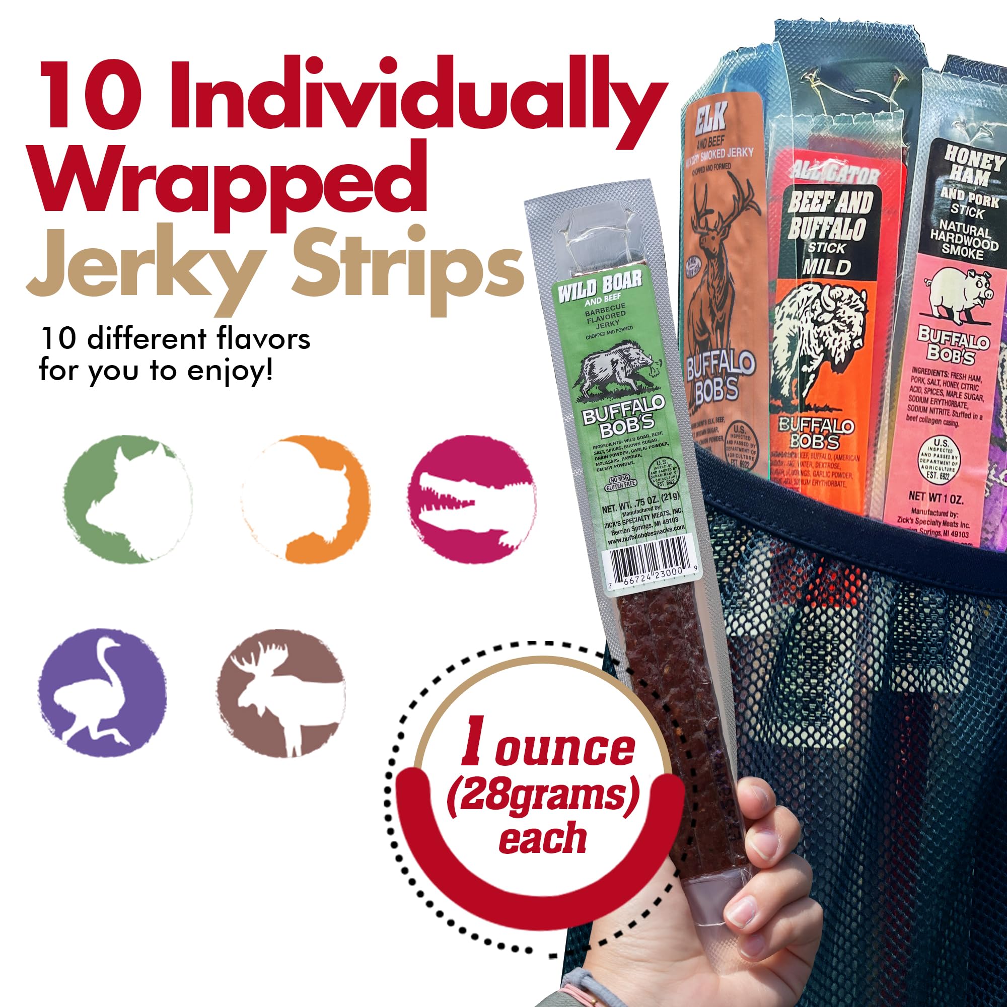 Jerky-n-Spice Exotic Jerky Variety Pack (10 Count) | Beef Jerky Gifts for Men | Assorted High Protein Meat Snacks | Premium Gourmet Wild Game Sampler