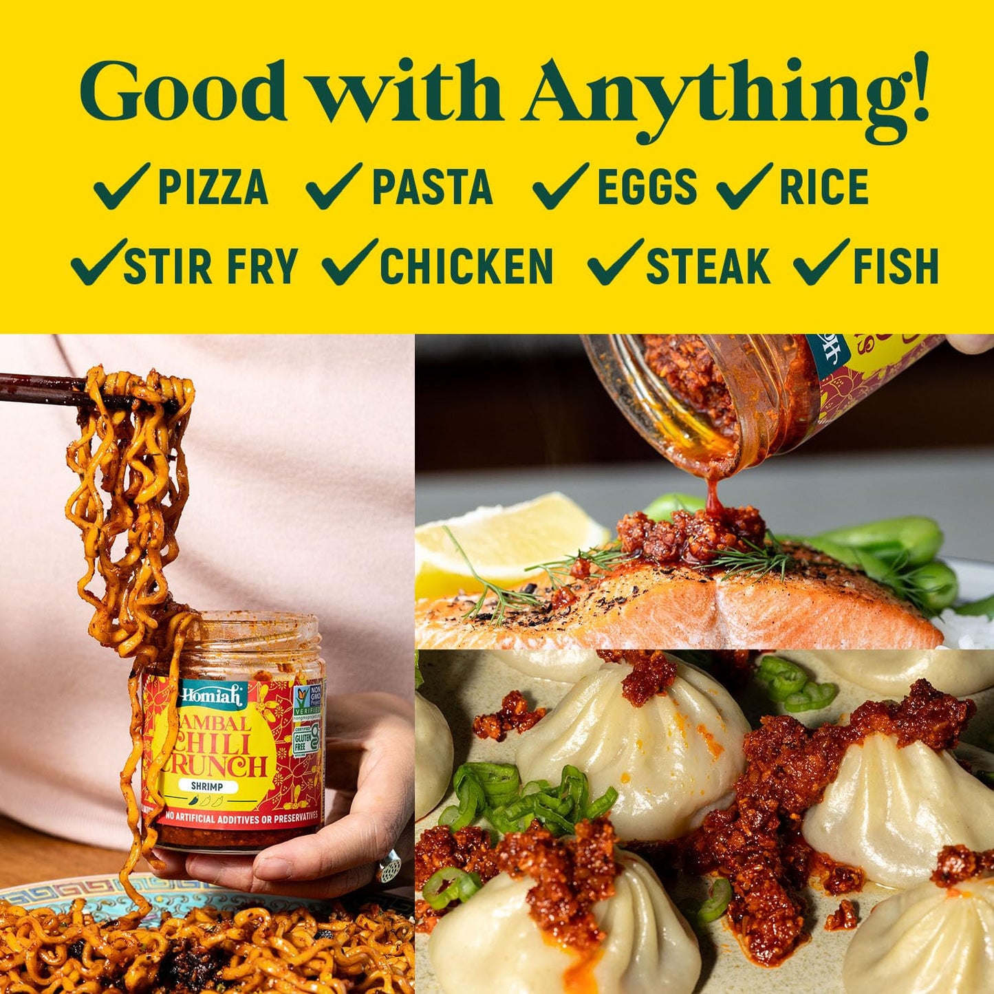 Homiah Sambal Chili Crunch, Shrimp, 6oz - Less Oil Low Sodium Gluten Free Non-GMO, Sambal Oelek Chili Paste, Shrimp Paste, Crispy Crunch Topping