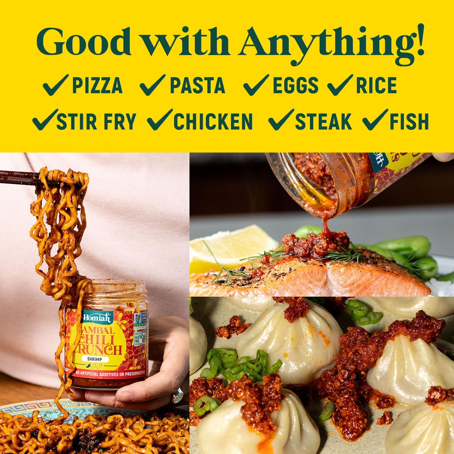 Homiah Sambal Chili Crunch, Shrimp, 6oz - Less Oil Low Sodium Gluten Free Non-GMO, Sambal Oelek Chili Paste, Shrimp Paste, Crispy Crunch Topping