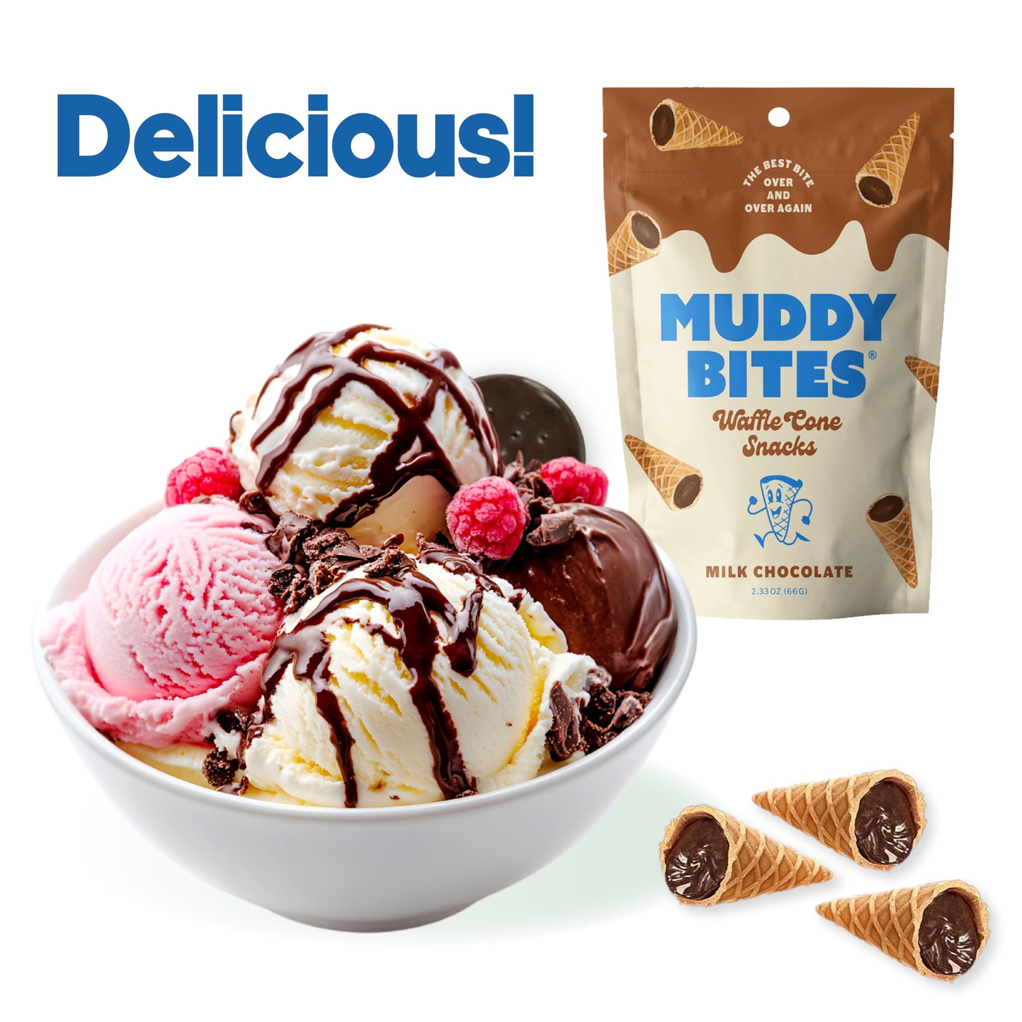 P&V Milk Chocolate Waffle Cone Snacks - 2.33oz Pouch (Pack of 3) | Crunchy Waffle Cone Bites Coated in Smooth Milk Chocolate | Perfect Snack